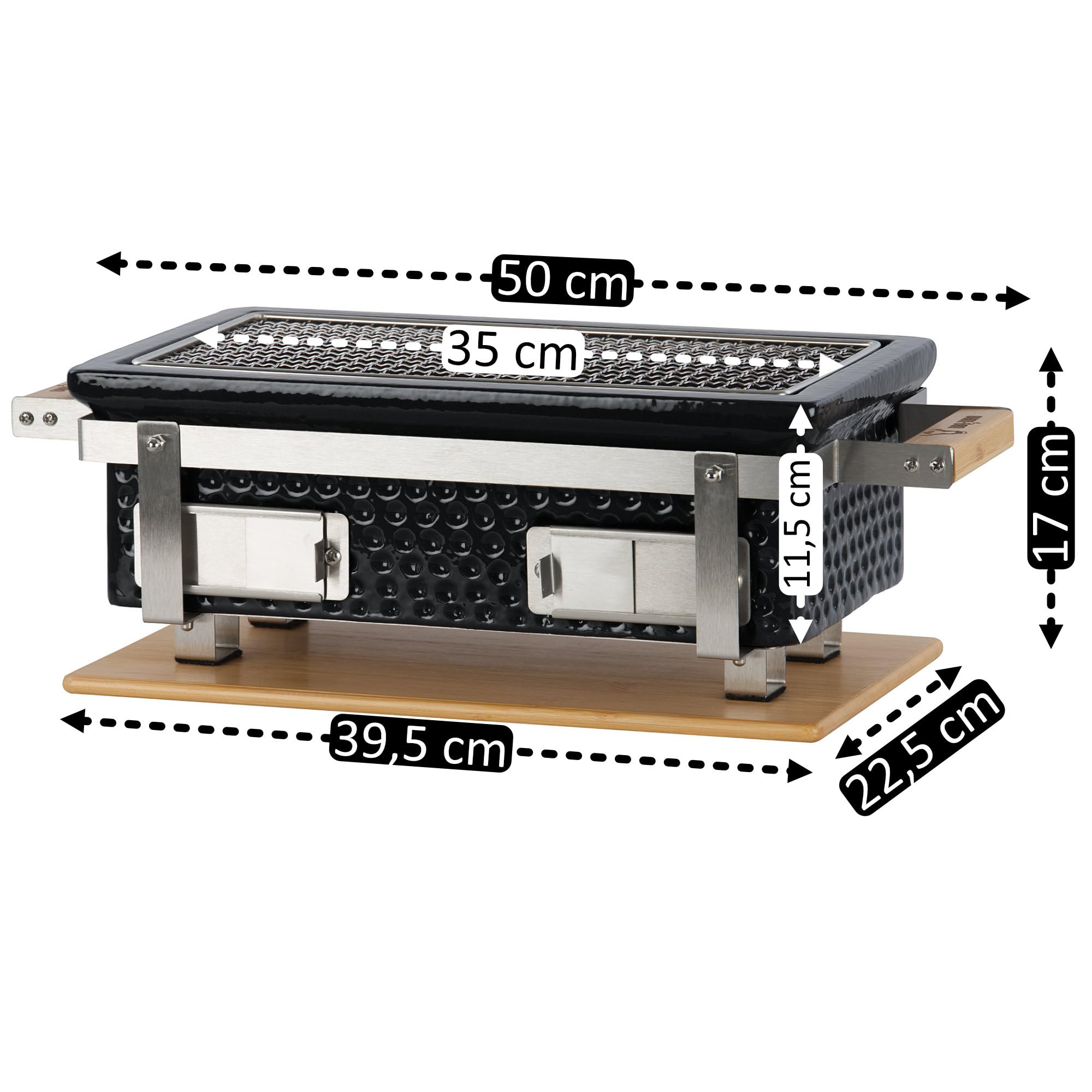 BBQ-Toro Barbacoa de Cerámica con Base de Madera | 50 x 23 x 17 cm | Parrilla de Mesa Hibachi | Miniparrilla sin Electricidad | Barbacoa Portátil de Carbón, Parrilla de Mesa Portátil