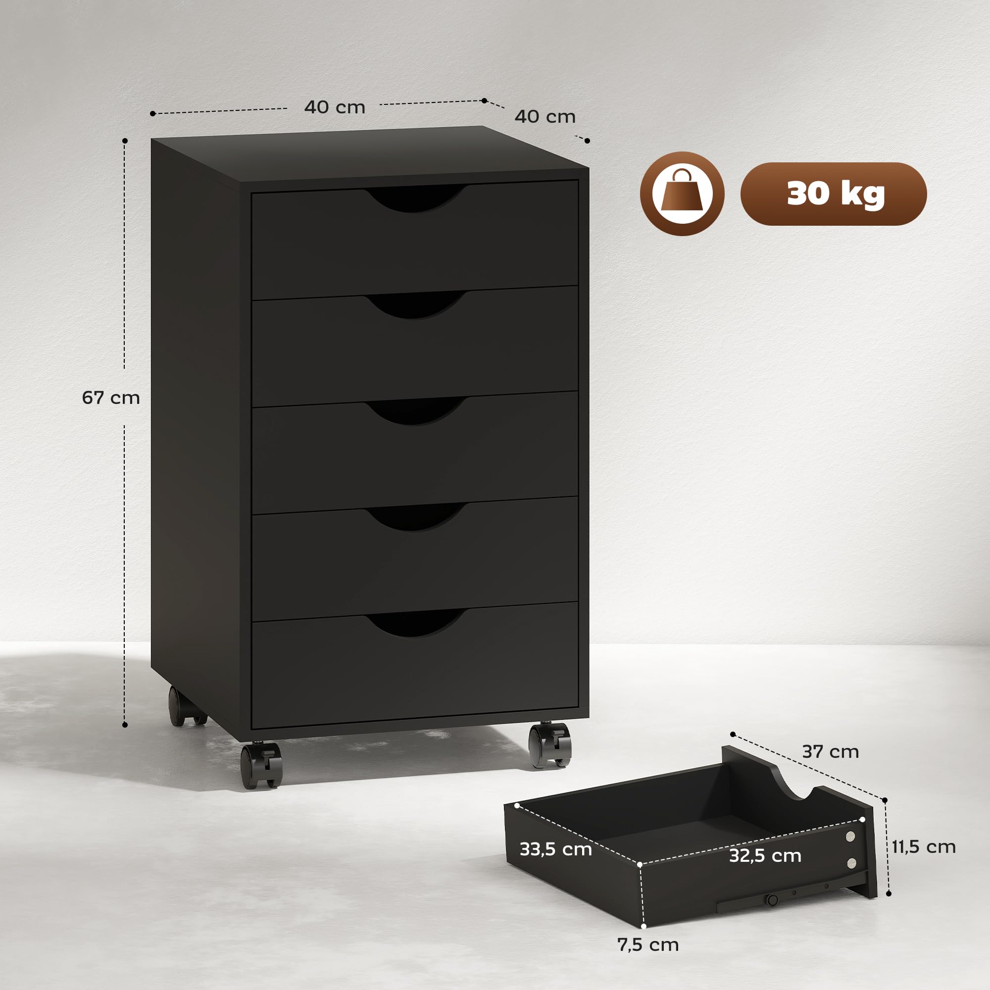 HOMCOM Caisson bureau mobile avec 5 tiroirs, meuble rangement bureau sur roulettes pour documents et imprimante, caisson de rangement compact pour travail ou chambre, 40 x 40 x 67 cm, noir