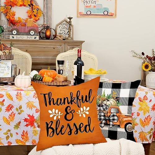 Miniatura 7 de GEEORY Juego de 4 fundas de almohada decorativas de otoño de 18 x 18 pulgadas, diseño de calabazas, diseño de búfalo bendecido con texto en inglés