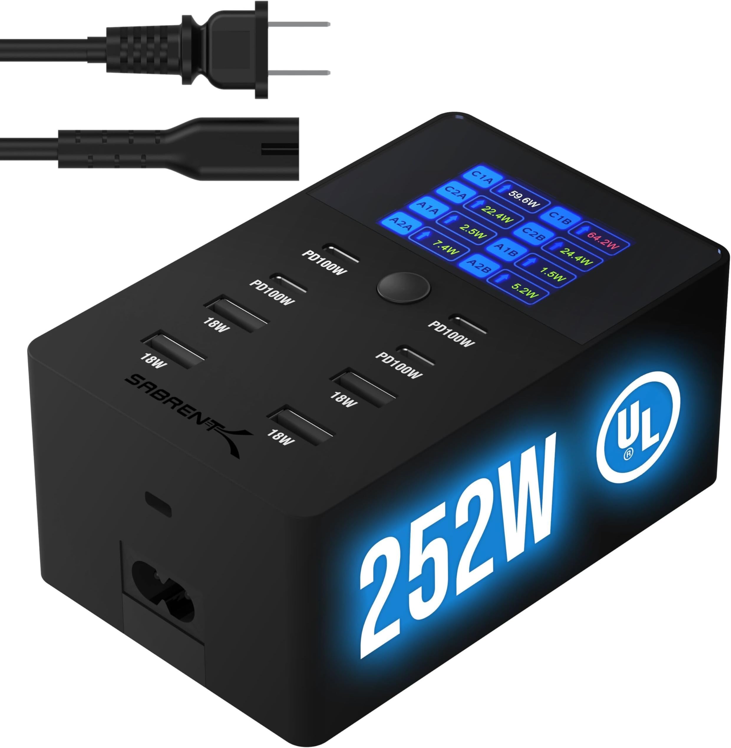 VOLTIK Charging Station, 252W 8-Port USB C and USB A Desktop Charger, UL Certified with Real-Time LCD Display, Fast Charging for MacBook, iPhone, Samsung and More