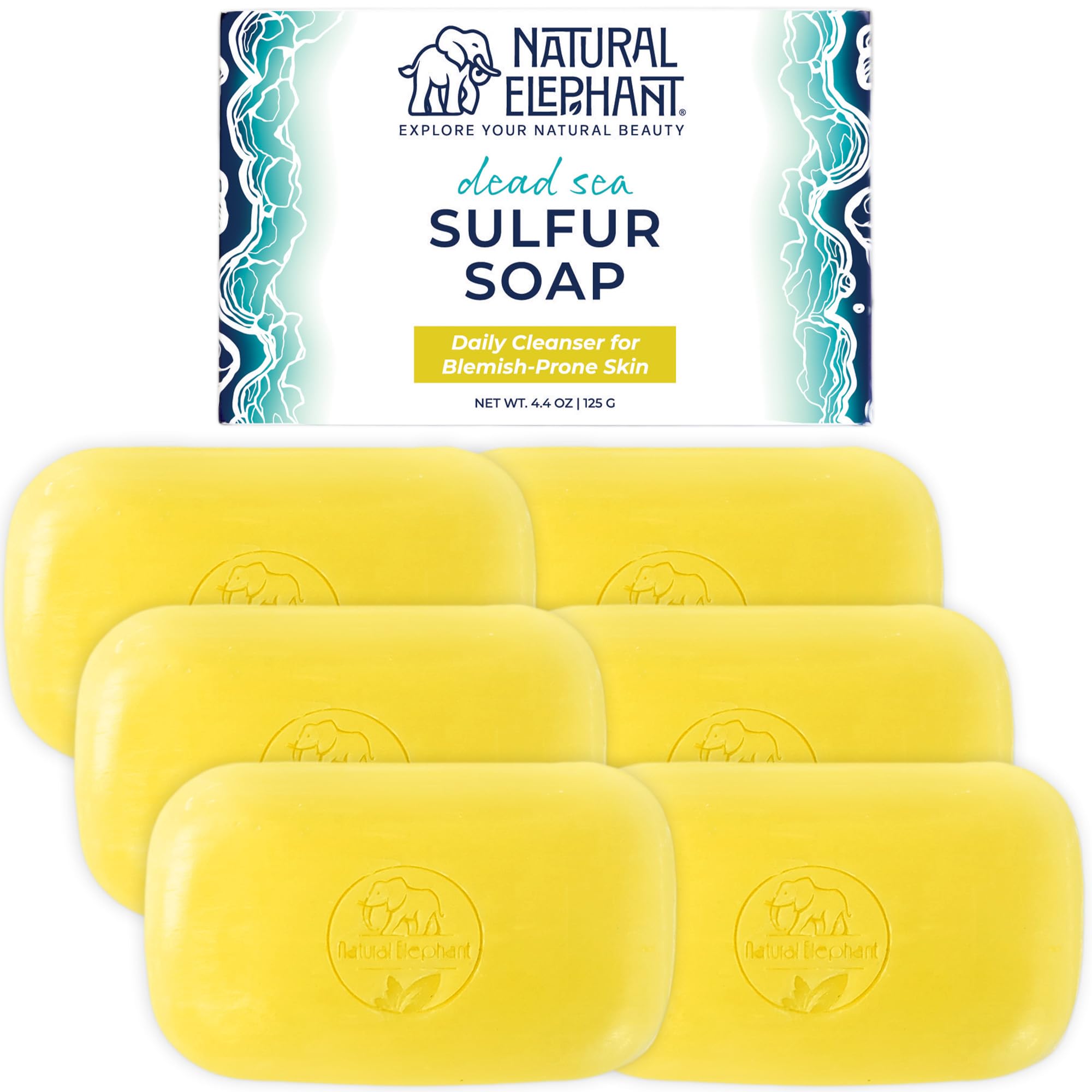 Natural Elephant Dead Sea Sulfur Soap 4.4 oz with Dead Sea Salt, Aloe Vera, Sulphur Face and Body Cleanser Bar for All Skin Types (6 Pack (26.4 oz Total))