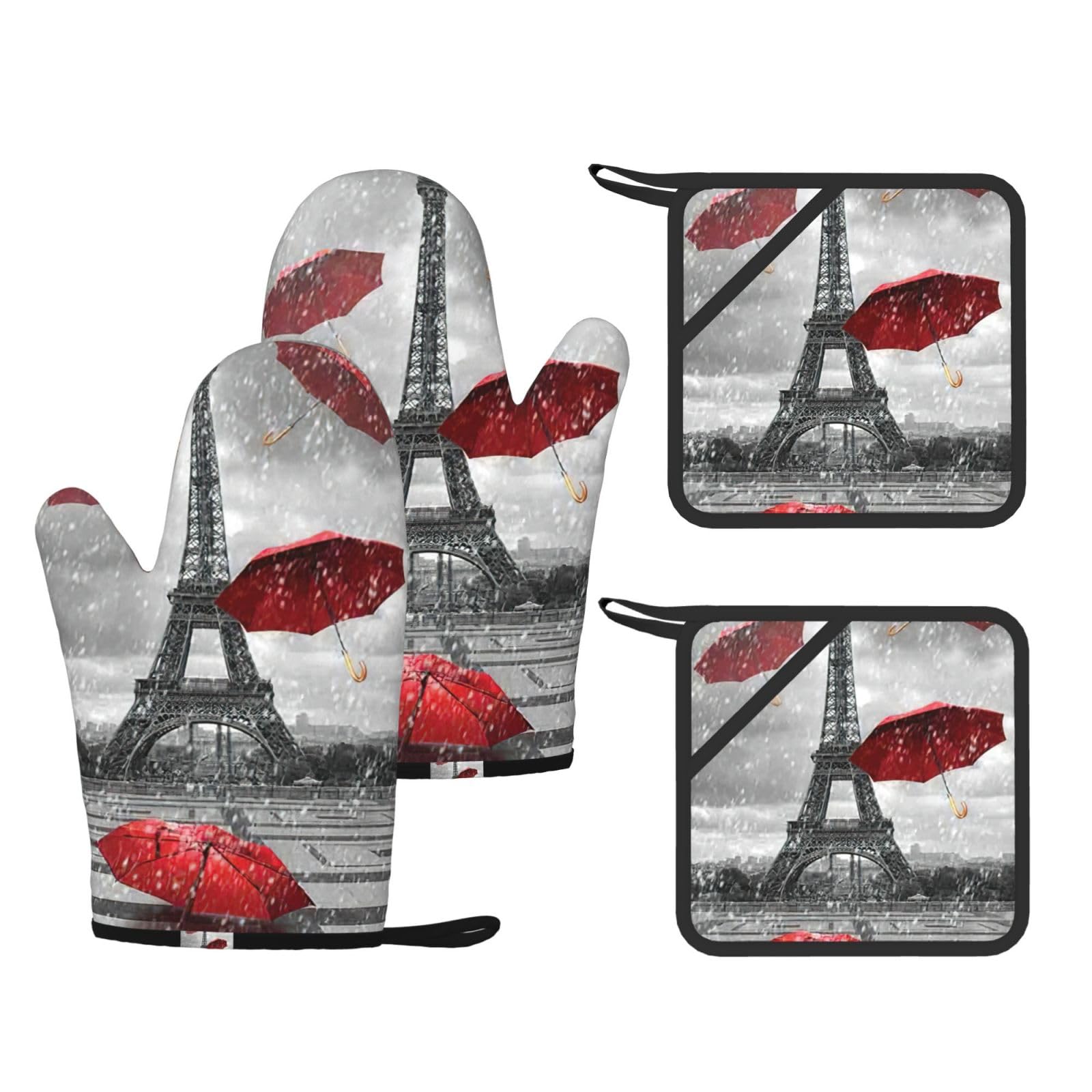 Paris Tower Red Umbrella Print Oven Mitts And Pot Holders Pads Set, Oven Glove High Heat Resistant 500 Degree For Kitchen