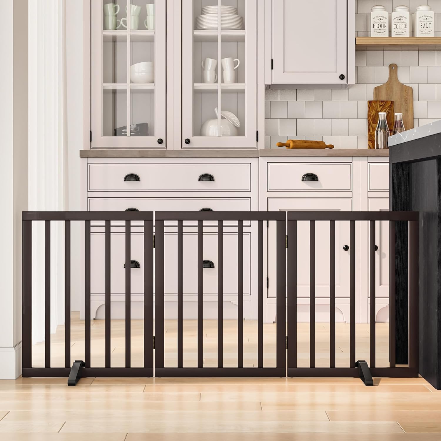 Dog Gates for Doorways Stair House Freestanding Pet Gates for Dogs Wooden Dog Gate with Support Feet Indoor Fence Espresso 3 Panel - 55 inches Wide