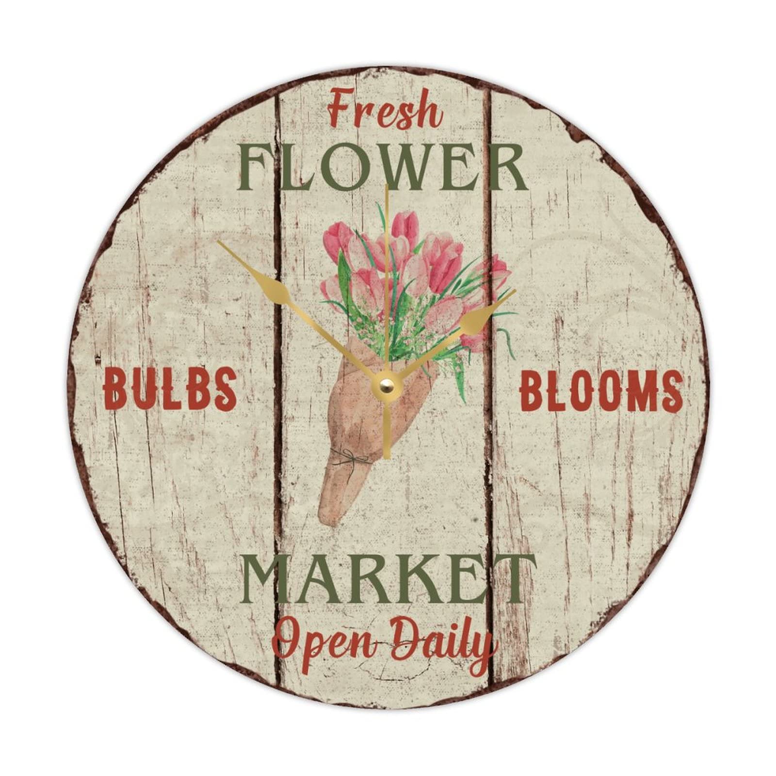 Horloge ronde en bois 38cm fleurs fraiches tulipes vintage pour le salon