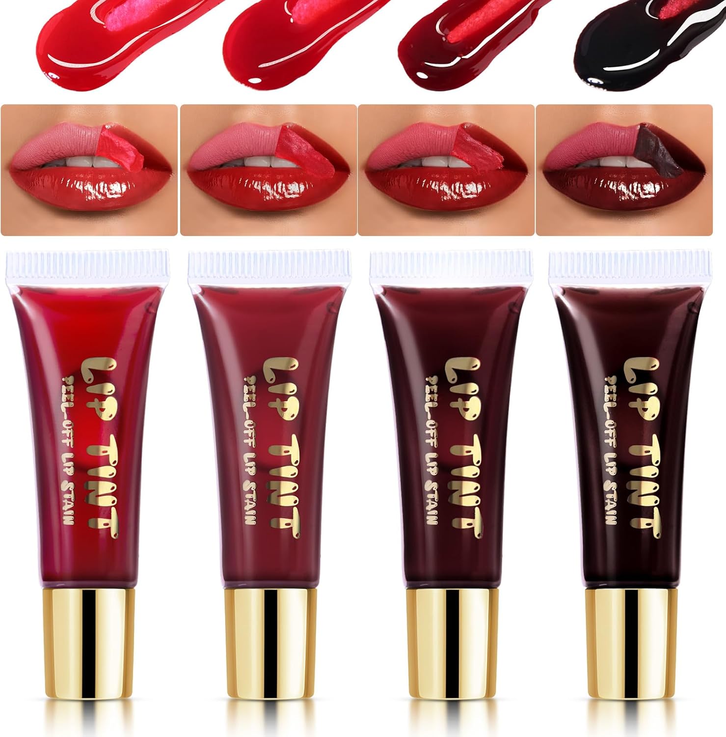 Prreal Set van 4 kleuren peel-off lipvlekset, niet-klevend, transferbestendige tattoo, lip-tint, langhoudende peel-off liptint, waterbestendig, lipgloss peel off met matte afwerking