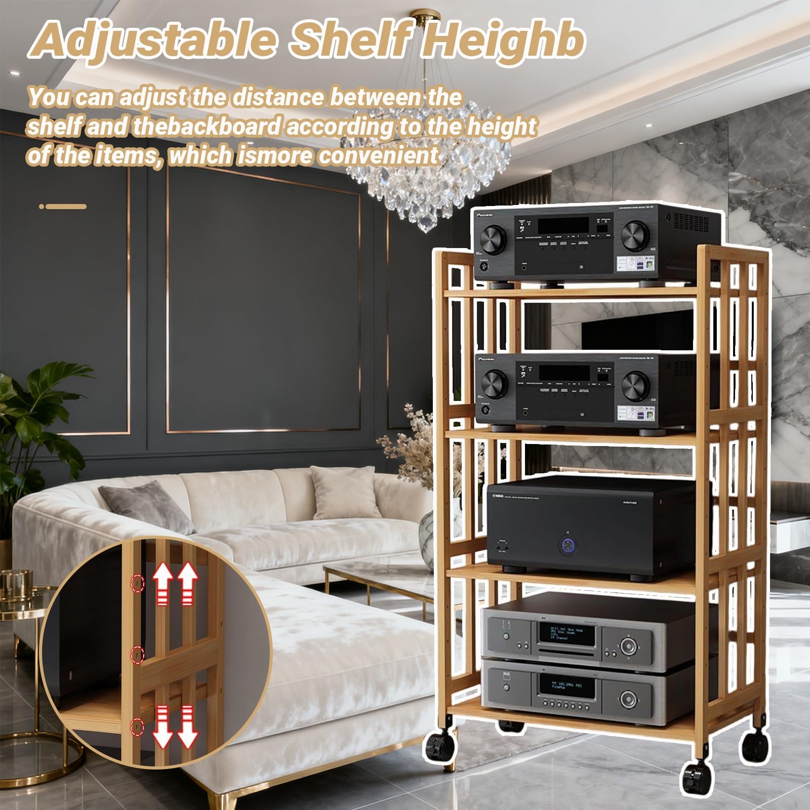 Scaffale multimediale AV a 2/3/4/5 livelli, rack audio, supporto per lettore CD, scaffale stereo domestico con ripiano regolabile in altezza e ruote per home office e home cinema (marrone, 50 x 53 cm)