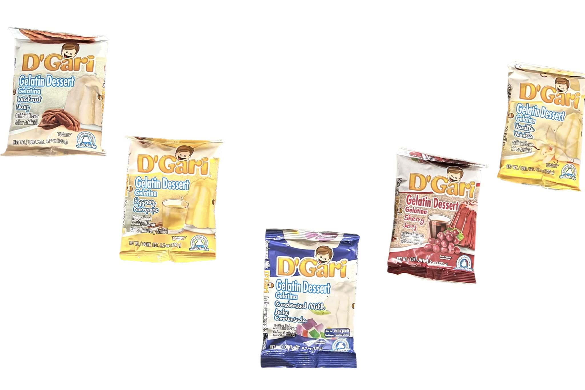 D'GariGelatin, Pack of 5 Assorted Flavors, 4.2oz each Sachet: 1-Walnut, 1-Eggnog, 1-condensed Milk, 1-Sherry, 1-Vanilla