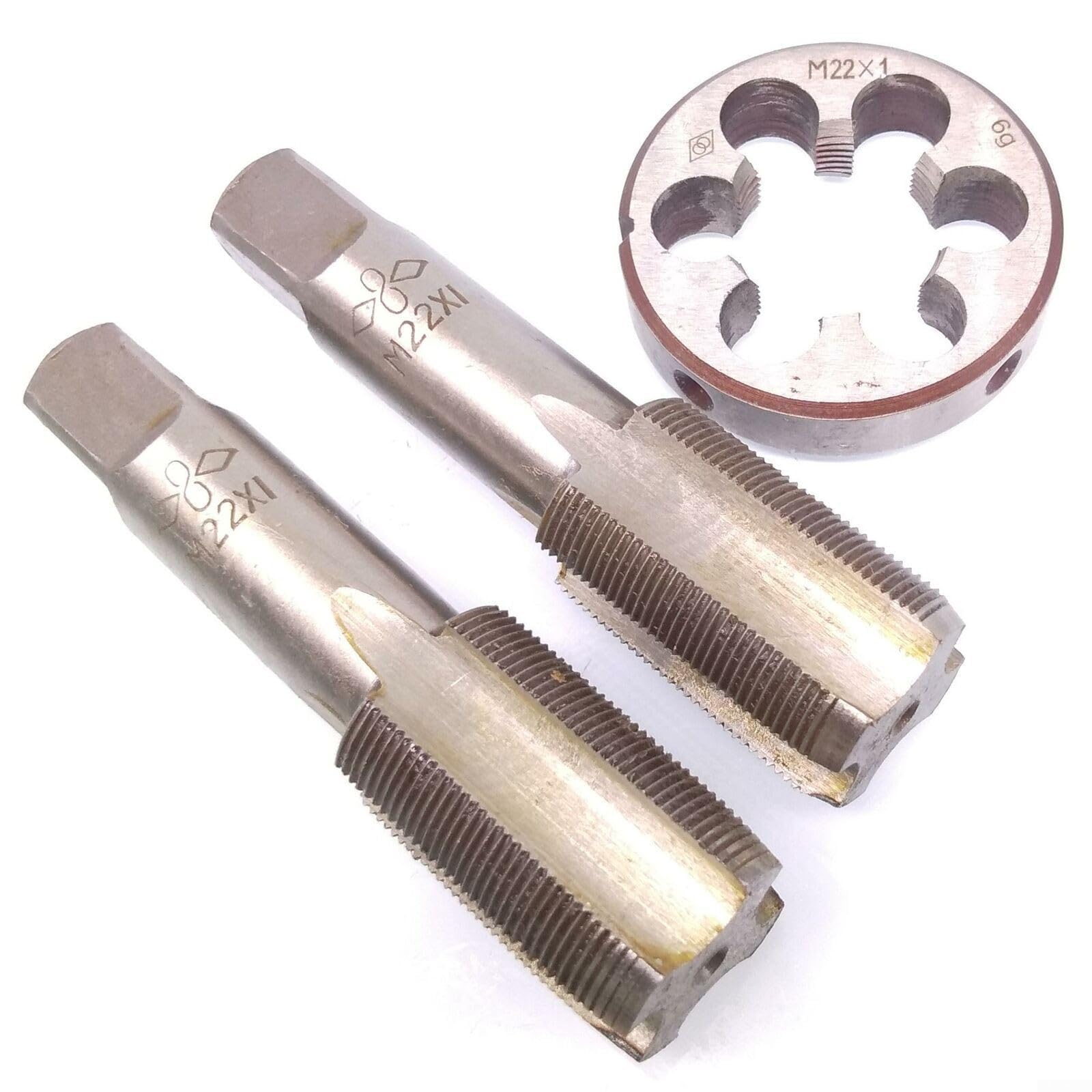 Zestaw gwintowników i narzynek, gwintownik i narzynki okrągłe, stal szybkotnąca, 2 szt., gwintownik stożkowy M22 x 1 mm i narzynka M22 x 1 mm, gwint metryczny prawy