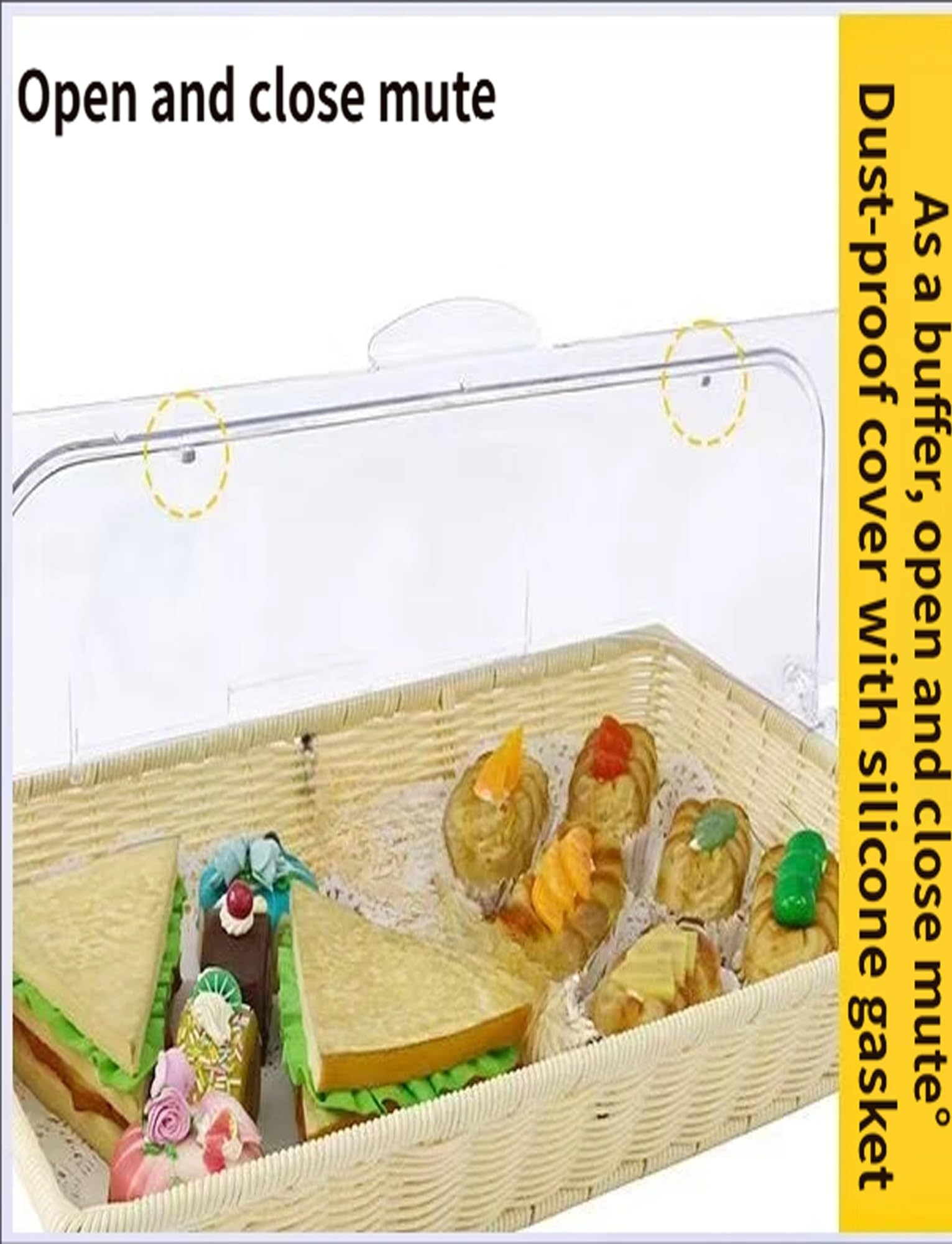 Expositor de repostería con cubiertas higiénicas, diseño de 3 niveles y cestas de ratán sintético para cafeterías, bufés y servicios de desayuno