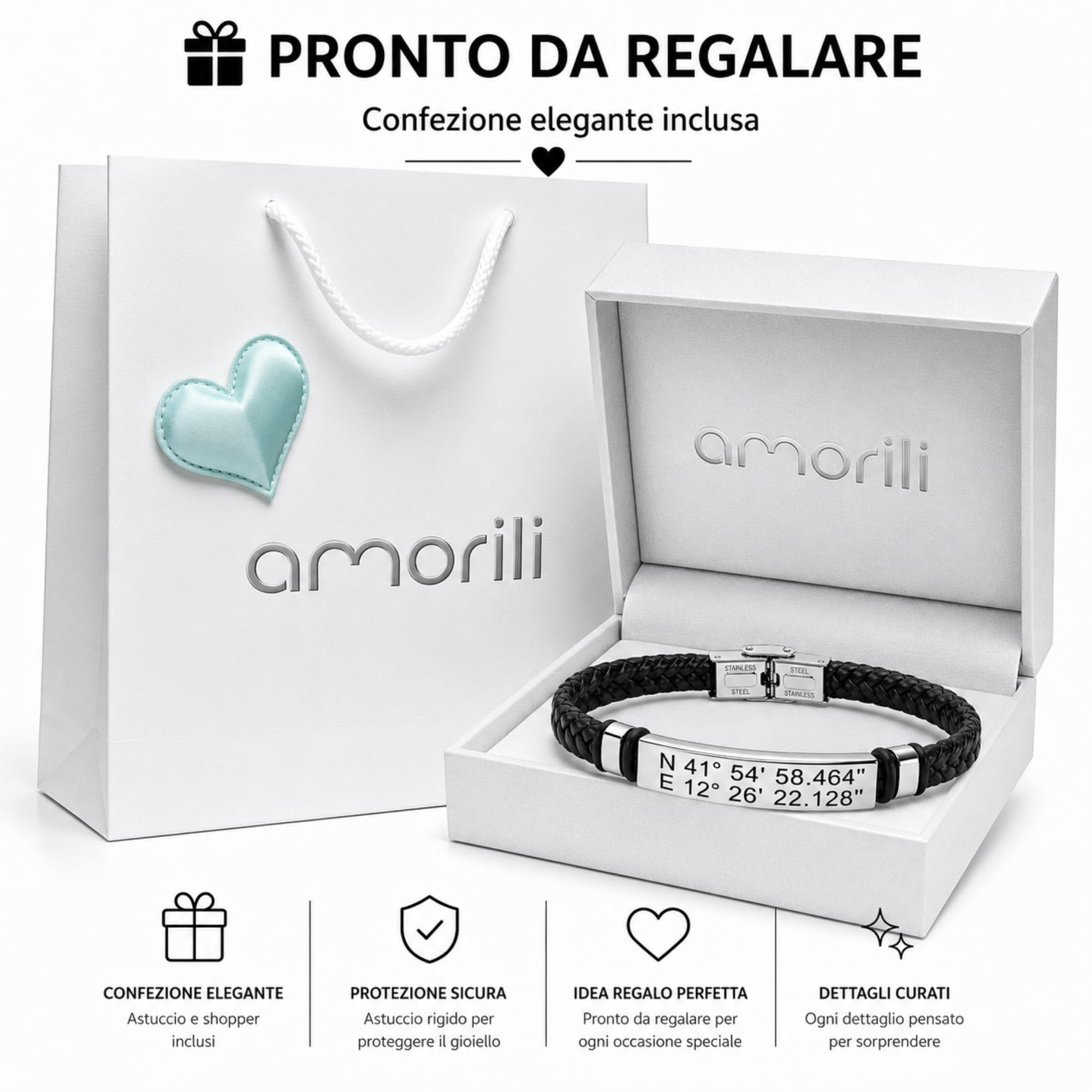 Bracciale Uomo Personalizzato in Acciaio e Pelle – Incisione Nome, Data, Frase o Coordinate | Idea Regalo Personalizzabile per Lui, Amico, Papà, Fidanzato bcc1690d
