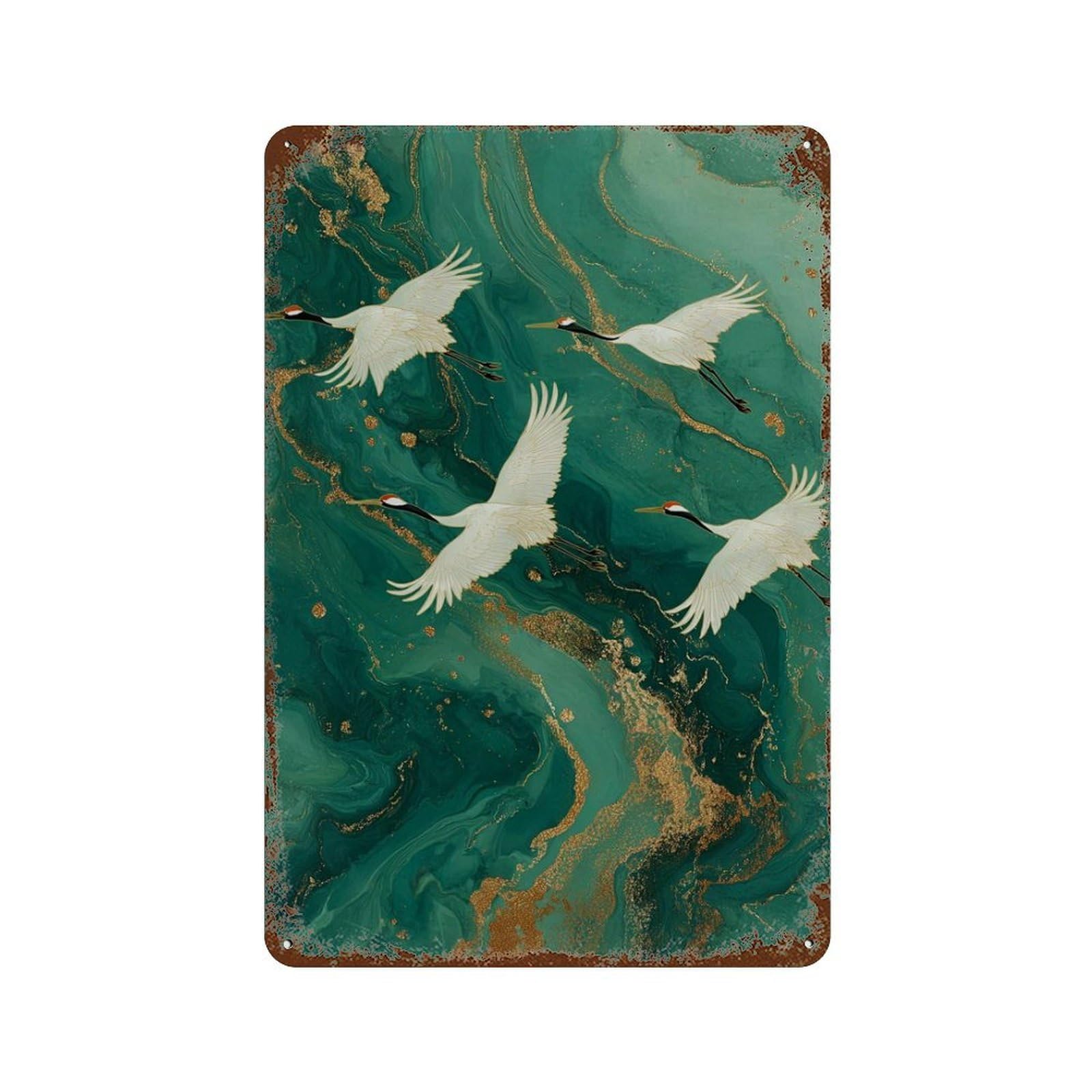 xiaoxiaoshen Japanese Crane Elegant Bird on Emerald Green Background Oriental Nature with Gol (2) Wall Decor Art Metal Tin Poster Modern Home Decor Art Home Bar Shop Decorations Vintage Sign 30x20cm