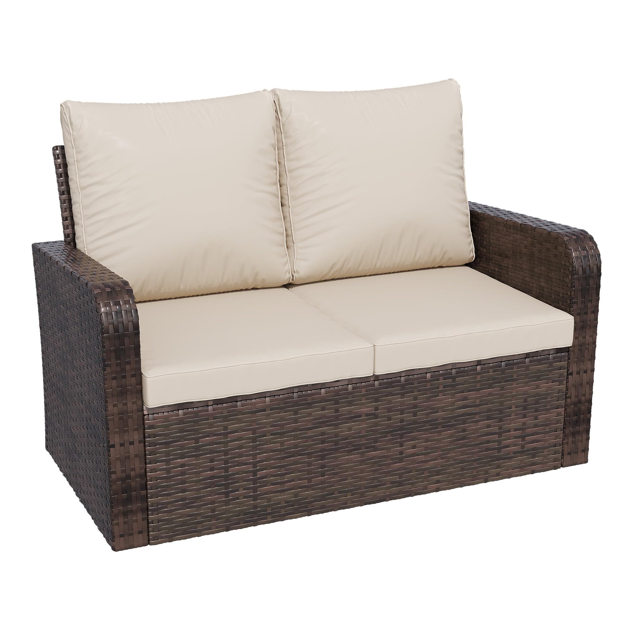 HOMREST Outdoor Patio Couch Sofa, All-Weather PE Wicker Loveseat Couch, Outdoor Seating Patio Furniture Sofa with Cushions, Modern Garden Furniture for Deck, Balcony, Porch(Khaki)