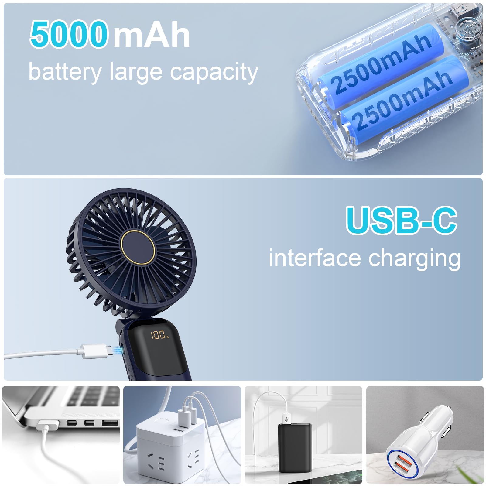 GIACOMO Mini Ventilatore Portatile,Ventilatore Portatile USB Ricaricabile，Ventilatore a Mano con 5 Livelli di Velocità, Batteria da 5000 mAh, Ventilatore Pieghevole per Ufficio, All'aperto（Blu）