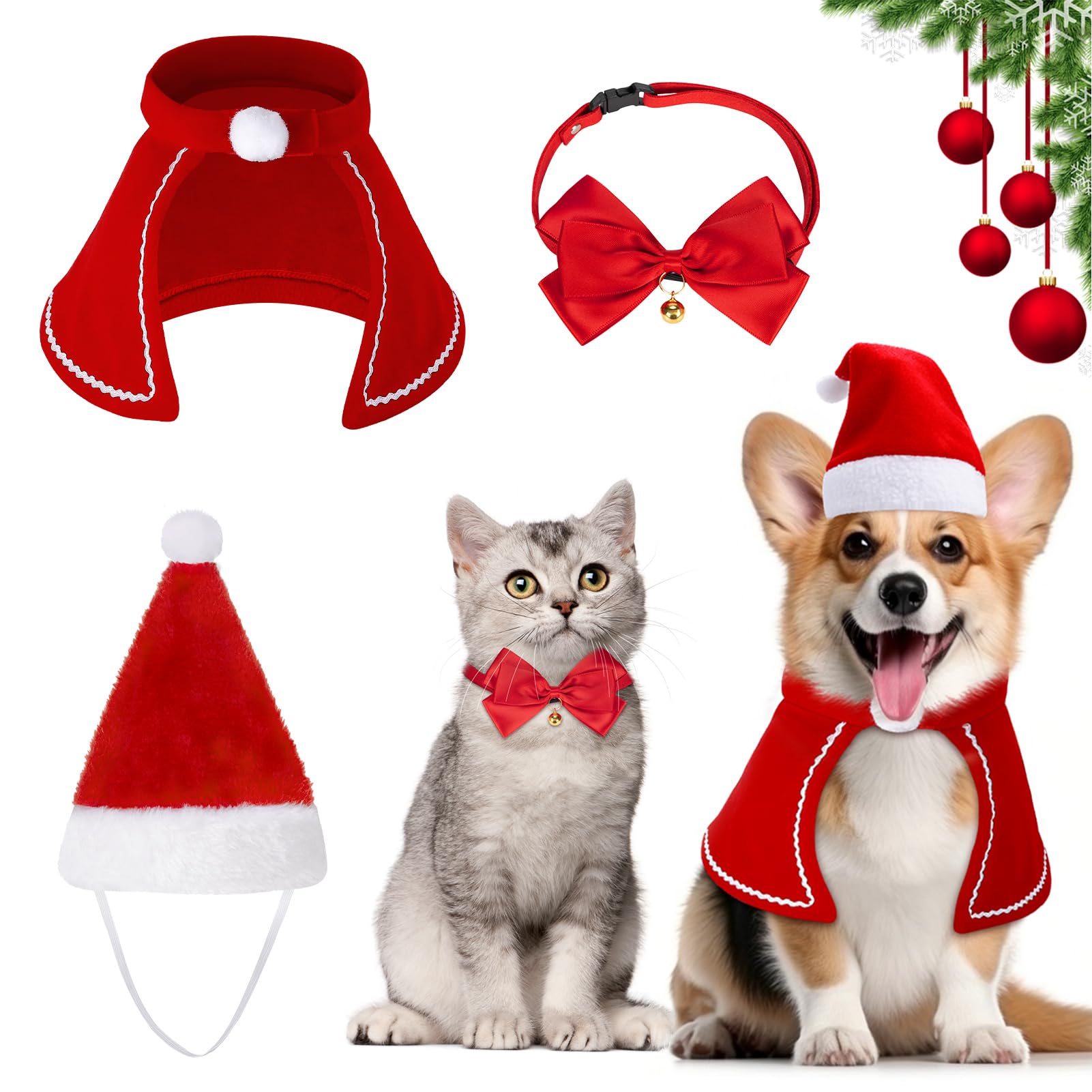 MELLIEX 3 Piece Christmas Cat Costume Dog Costume with Christmas Hat, Red, Medium