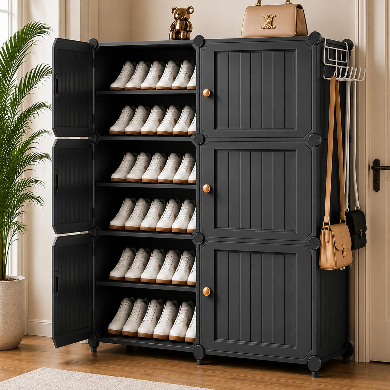 LERIMO Plastic Shoe Rack for Home | 10 Shelf DIY Shoe Rack with Door for Home Storage Plastic Box Organizer, Metal Door Frame, Chappal Slipper Sandals Stand (Black, 6 Door)-image-29
