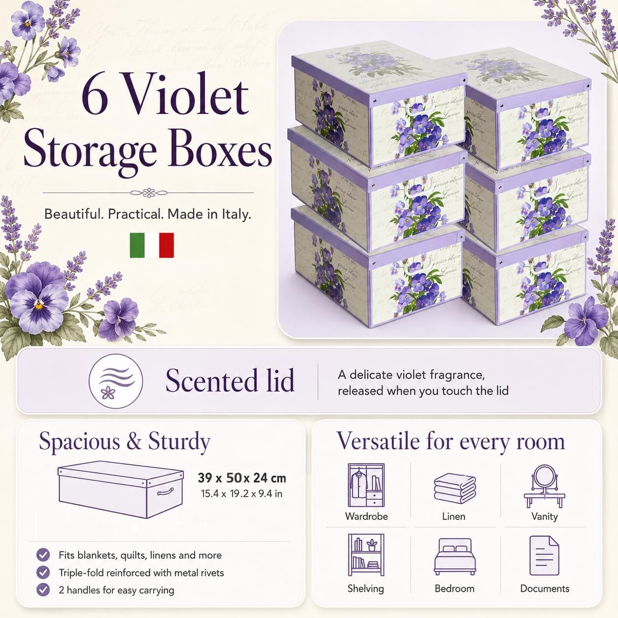 Set aus 6 Aufbewahrungsboxen mit Deckel – Große Kleiderboxen aus Karton 39x50x24 cm – Robust, leicht zu montieren, mit Tragegriffen – Perfekt für Kleiderschrank & Saisonwechsel Veilchen