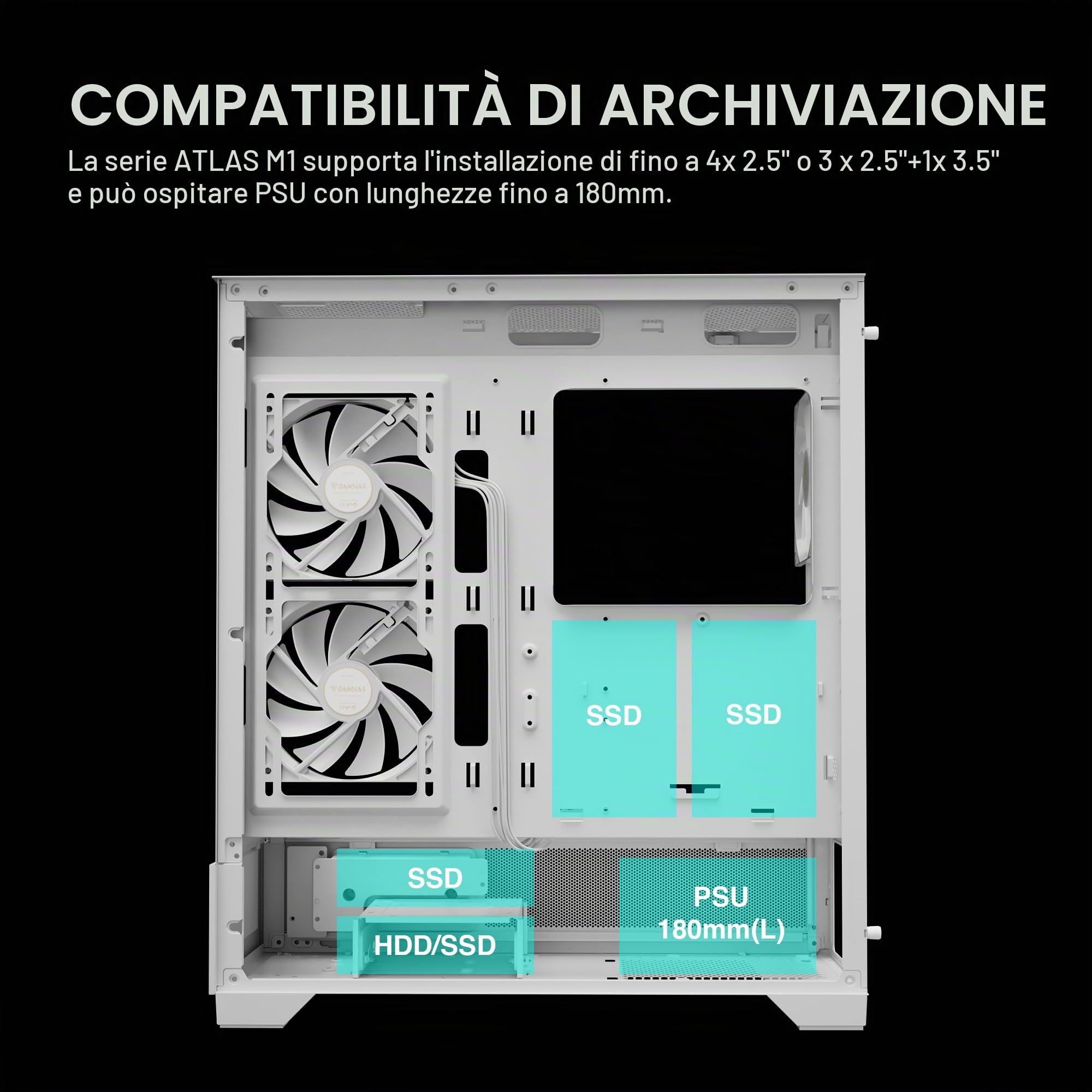 GAMDIAS ATLAS M1 WH Gaming ATX Mid Tower Computer PC Case, Monitor personalizzato w/software, 3 x 120 mm ARGB PWM Ventole (2 Aspirazione), Display panoramico in vetro temperato, camera di