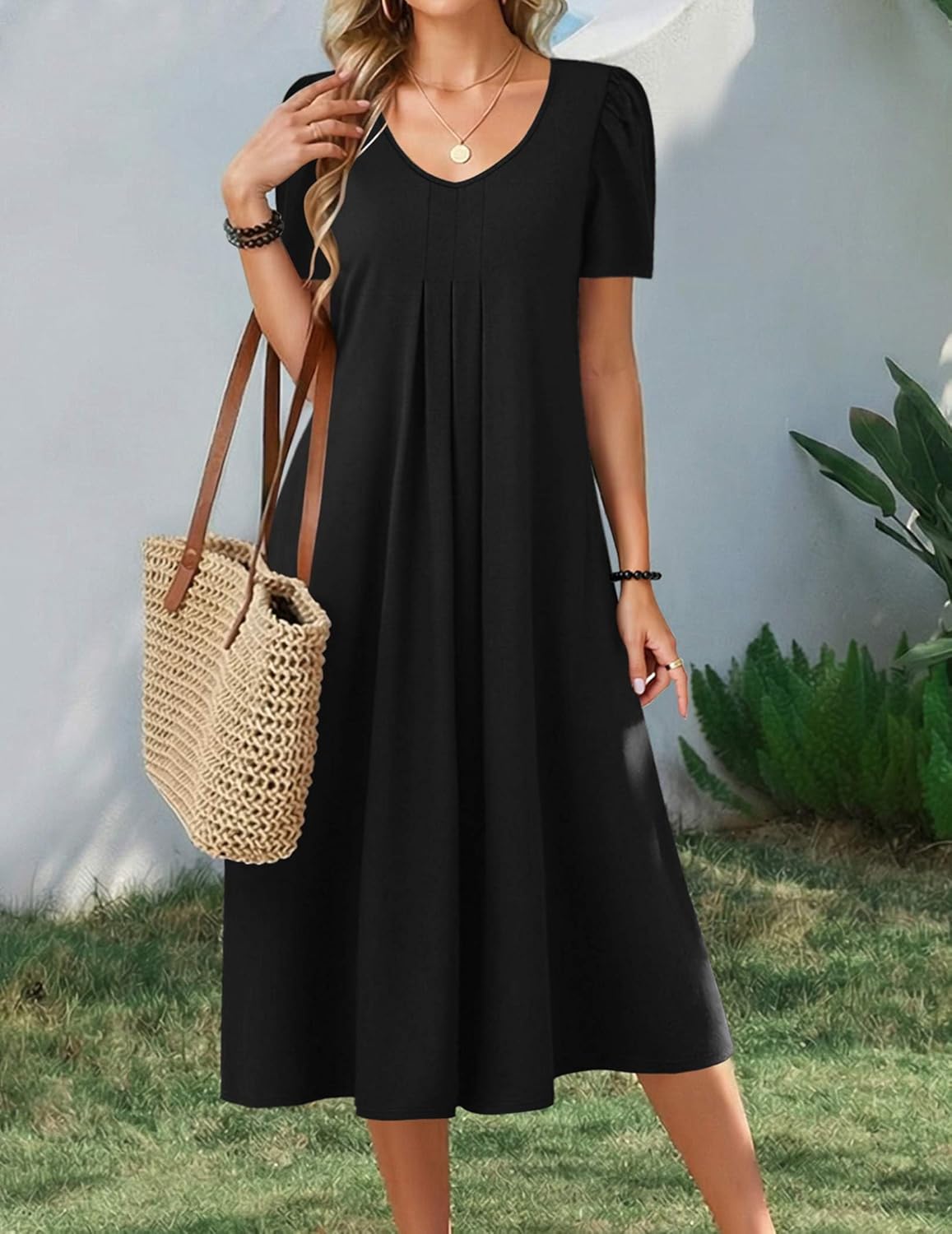 Zeagoo Summer Dress for Women Casual Floral Midi Sundress with Pockets V Neck Pleated Short Sleeve Aline Beach Vacation Dress - Image 3