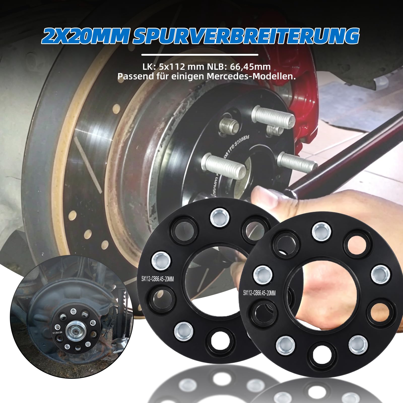 Spurverbreiterung 5x112 40mm 2x20mm NLB:66.45 für Mercedes | M14x1,5 Kegelbund 60°, 10 Schrauben, 6061 Alu, geschmiedet, CNC, schwarz, korrosionsfest