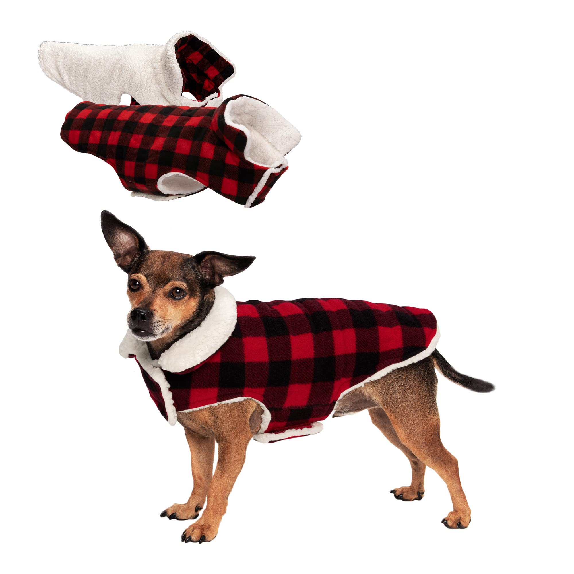 Furhaven Flex-Fit Reversible Sherpa & Plaid Fleece Dog Coat - Cream/Red, Extra Small