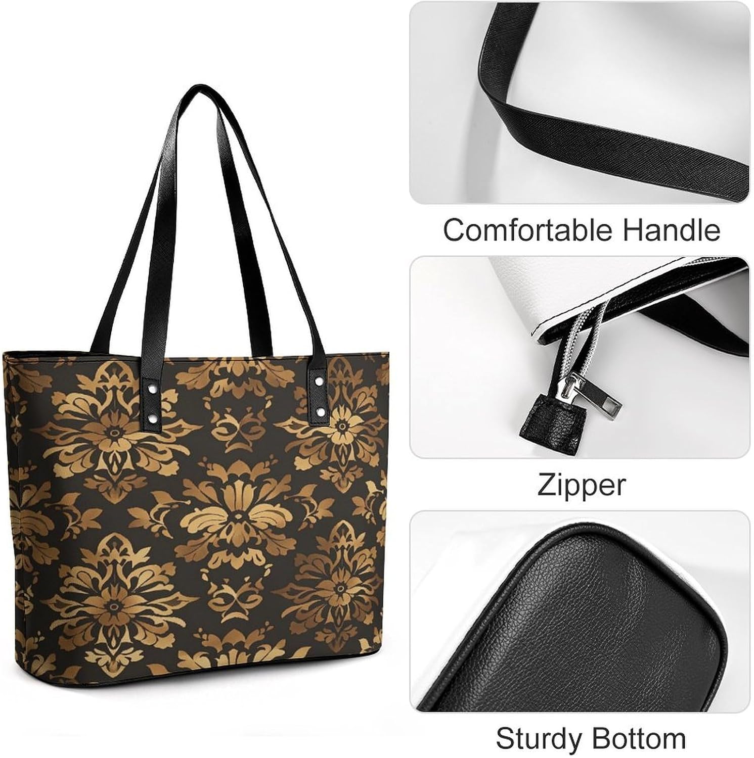 Vintage Gold Black Tan Floral Tote Bag with Reinforced Bottom & Handles,Gym Bag Durable And Tip-proof,Weekender Bag to Top Zipper Closure,Daily Essentials