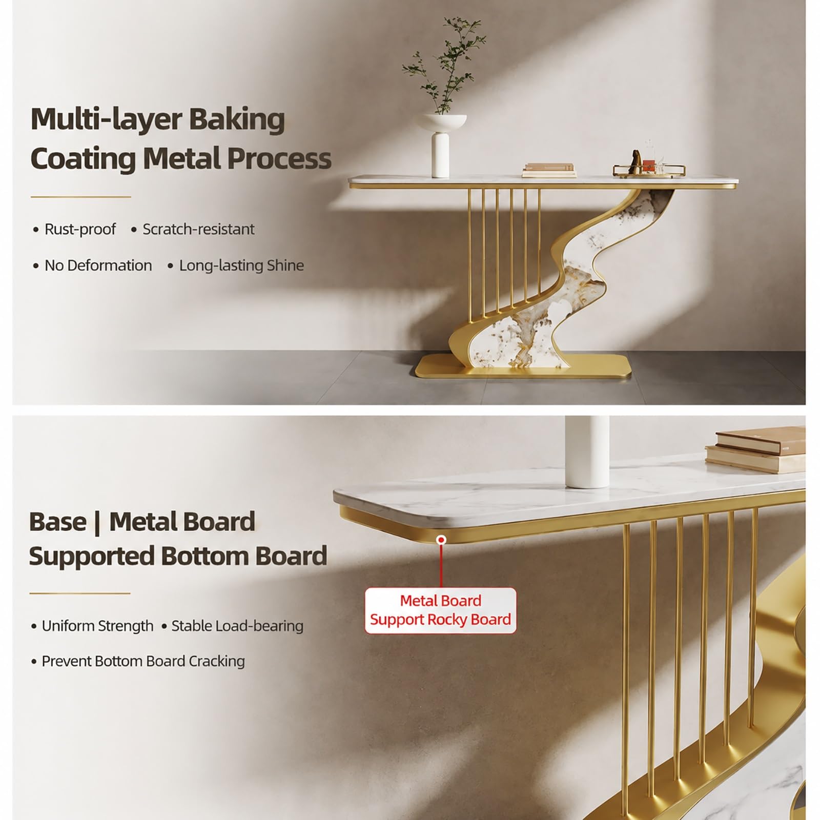 Tavolo Consolle Moderno Stretto con Piano in Pietra Sinterizzata e Struttura Metallica, Mobile Ingresso, Tavolo Dietro Divano per Corridoio, Entrata e Soggiorno | Green+gold,39.3*11.8*31.4in