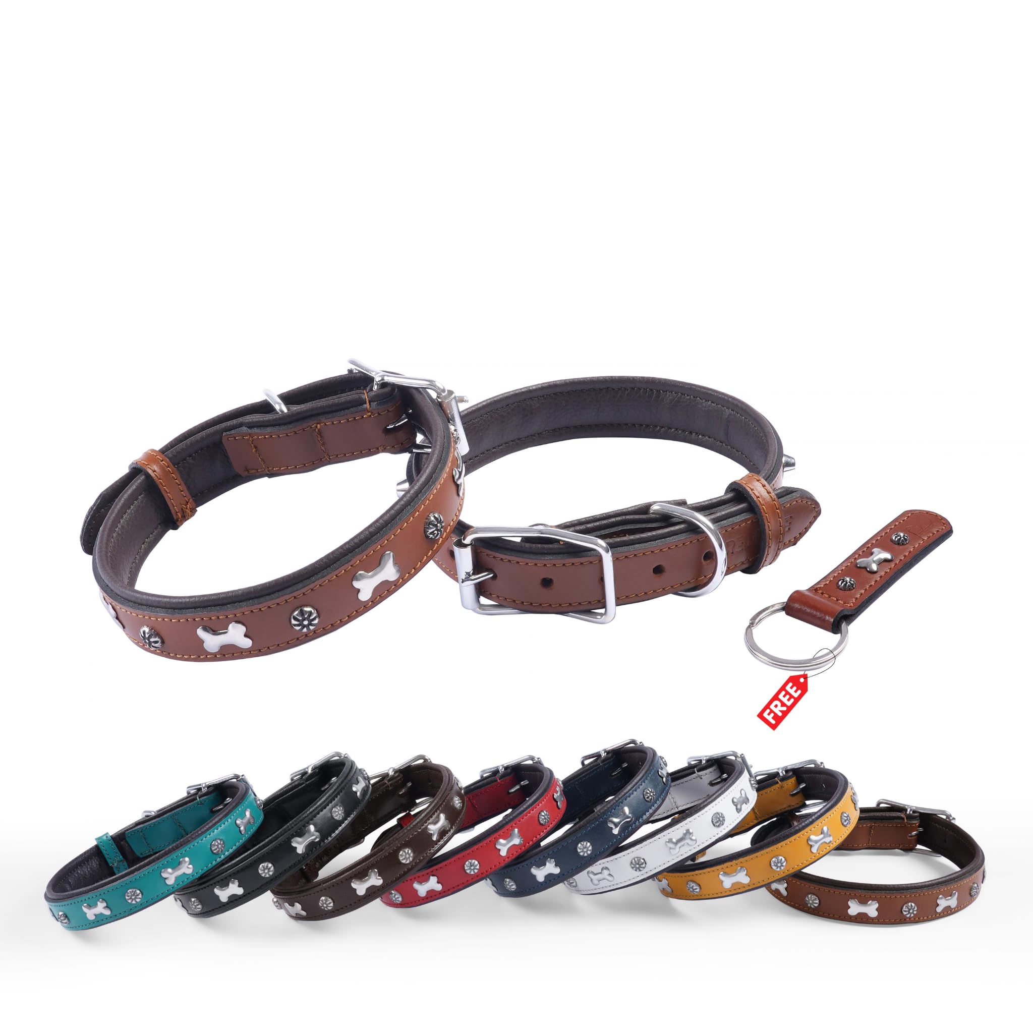 REDLUXE Genuine Leather Dog Collar with Bone Stud Design, Soft Padded Adjustable Pet Collar for Small, Medium & Large Dogs, Heavy Duty Metal Buckle & D-Ring,Free Matching Keyring (TAN, L)