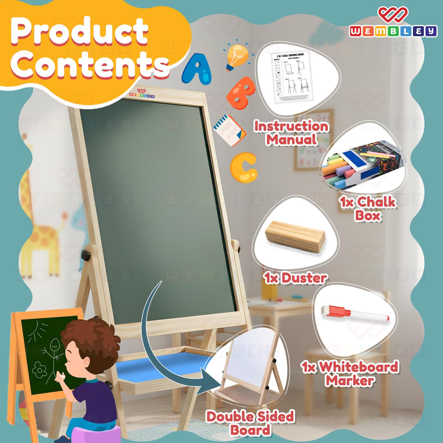 Wembley Easel for Kids – Educational Writing & Drawing Board | Reusable Learning Board for Preschool & Early Learning (3+ Years)| 2-in-1 Durable Easel Board for Kids -(Big) 1