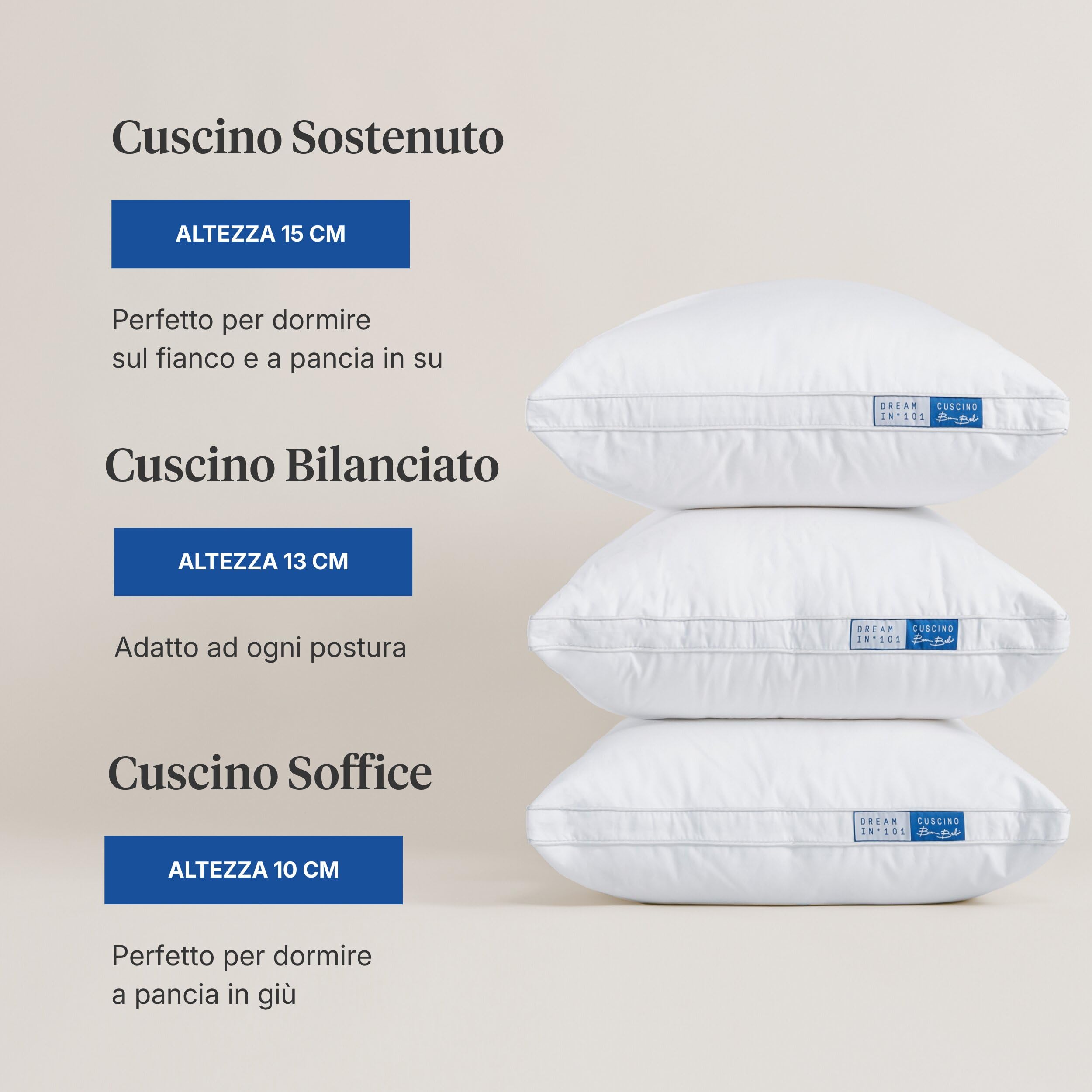 DREAMIN*101- Cuscino Letto Piuma d'Oca 50x80 Bruno Barbieri, Cuscino per Dormire Pancia Su/Lato, Cuscini 100% Cotone OEKO-TEX Fresco Ipoallergenico, Guanciale Sostenuto 15cm Imbottito Piumino/Piumette
