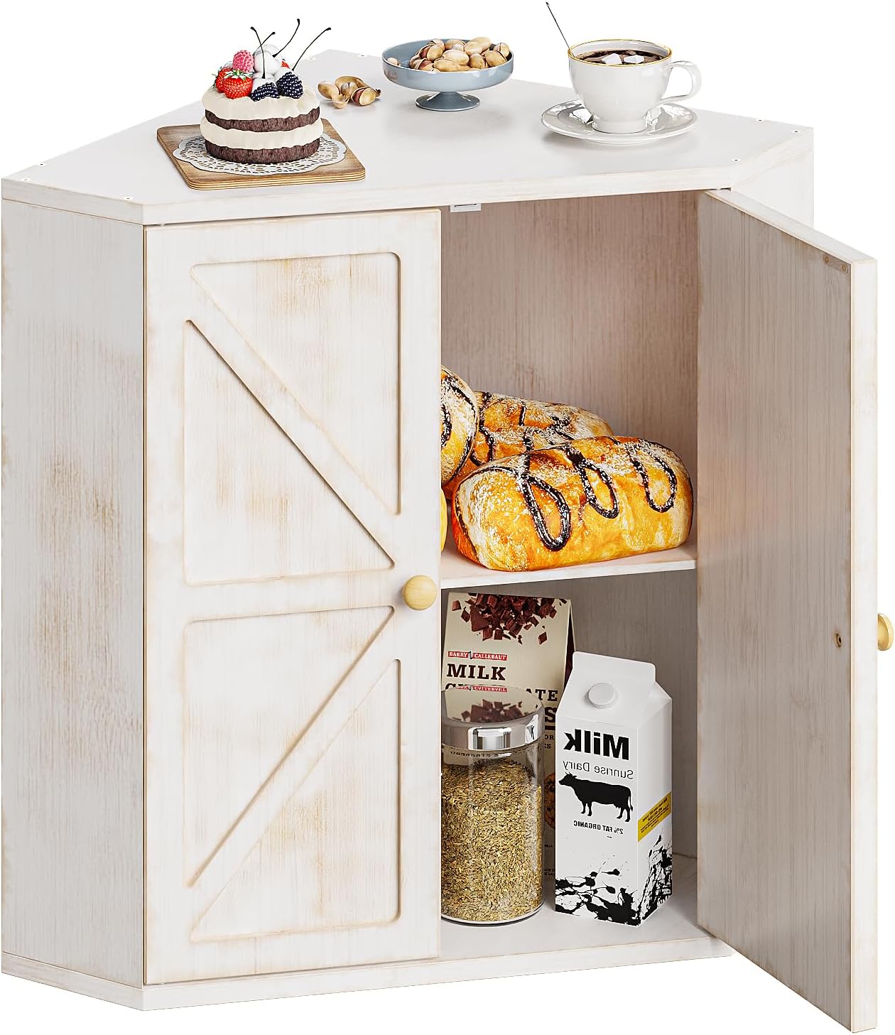 Corner Bread Box for Kitchen Counter Double Layer Bamboo Bread Storage Container Large Capacity Bread Storage Bin Farmhouse Breadbox Organizer Antique White