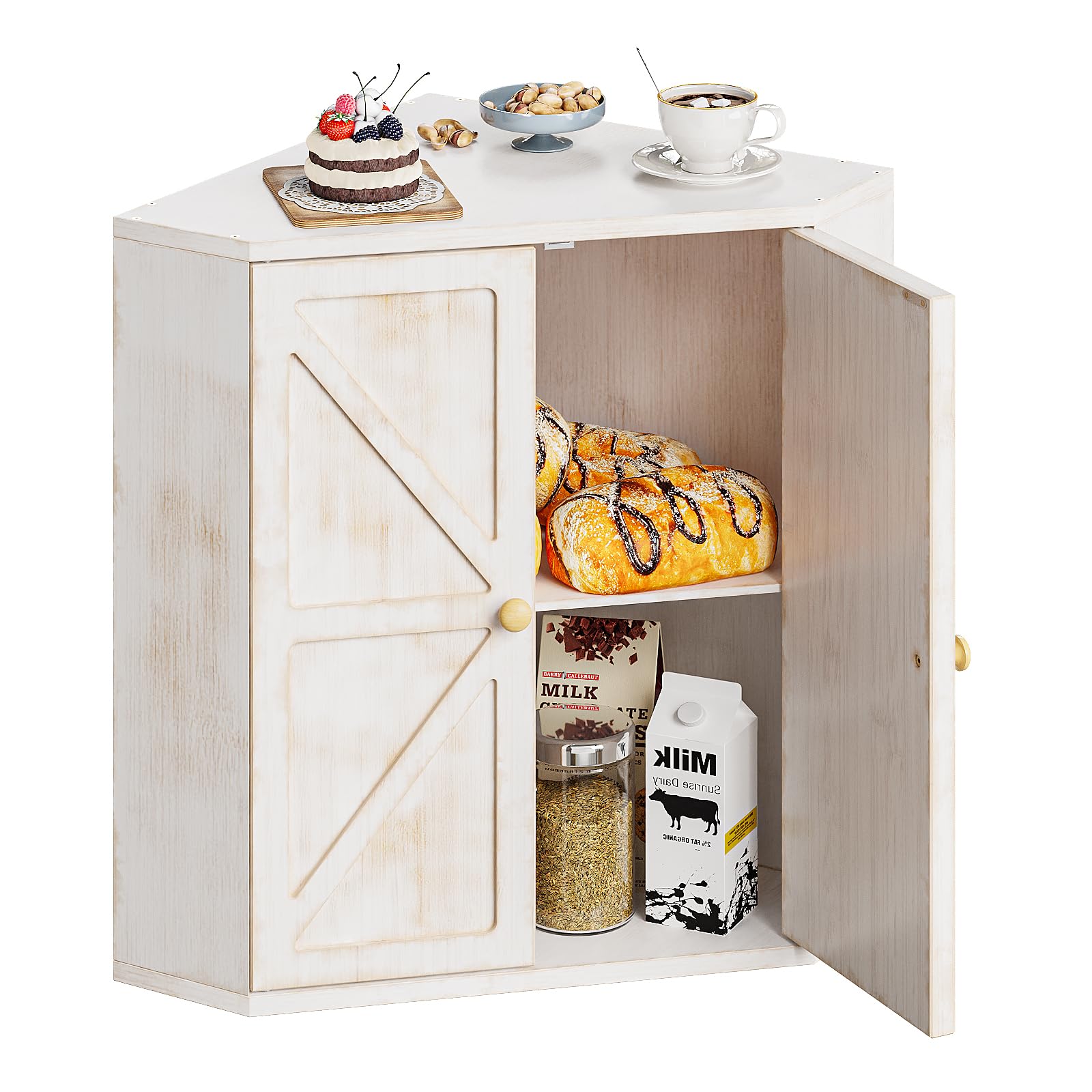 Corner Bread Box for Kitchen Counter Double Layer Bamboo Bread Storage Container Large Capacity Bread Storage Bin Farmhouse Breadbox Organizer