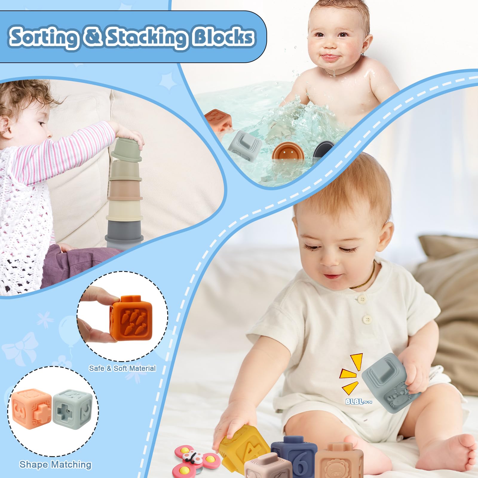 KETIEE Montessori Spielzeug Baby ab 1 Jahr, 6 in 1 Baby Toys Sensorisches Baby Spielzeug, Motorikspielzeug, Stapelturm, UFO Zugschnur, Stapelbecher, Tücherbox, Spinner