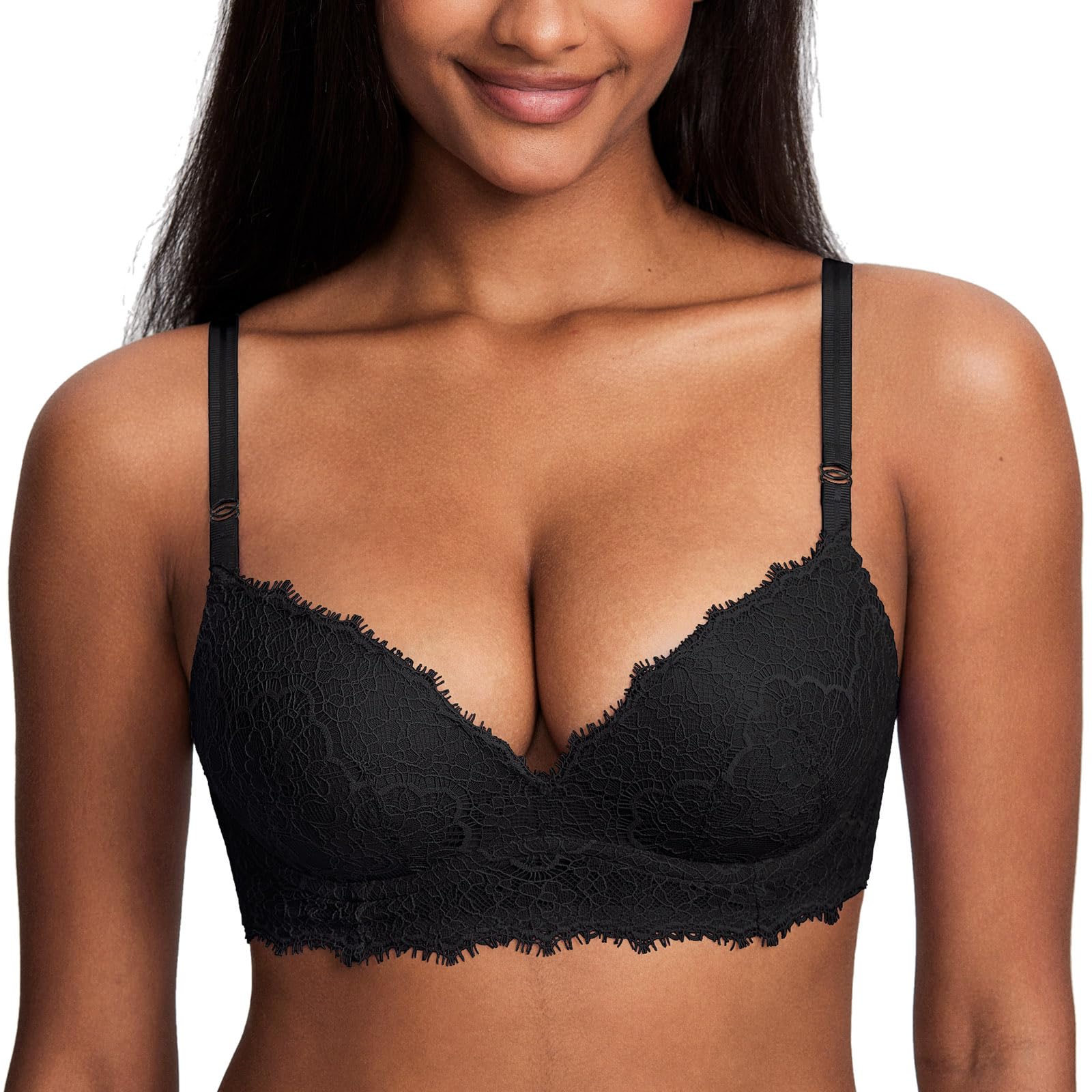 DOBREVAWomen's Push Up Bra Non Wired Lace Support Padded Bras Plunge Wireless Comfort