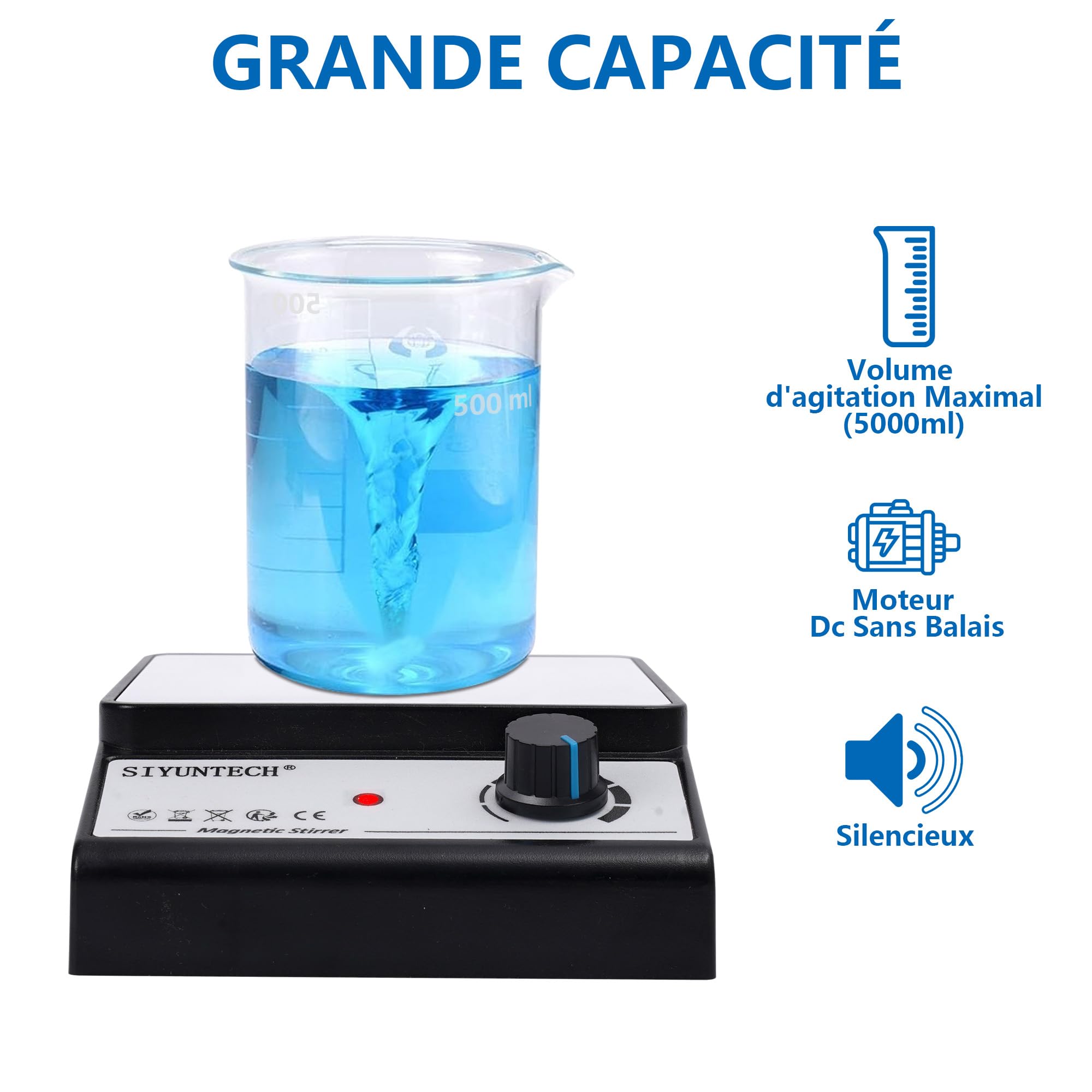 Agitateur Magnétique[2025], Avec 4 Barreaux d'agitation Magnétiques & Recycleur de Barreaux d'agitation Magnétique, Plage de Vitesse 0~3800 rpm, Capacité de Mélange Maximale 5000ml
