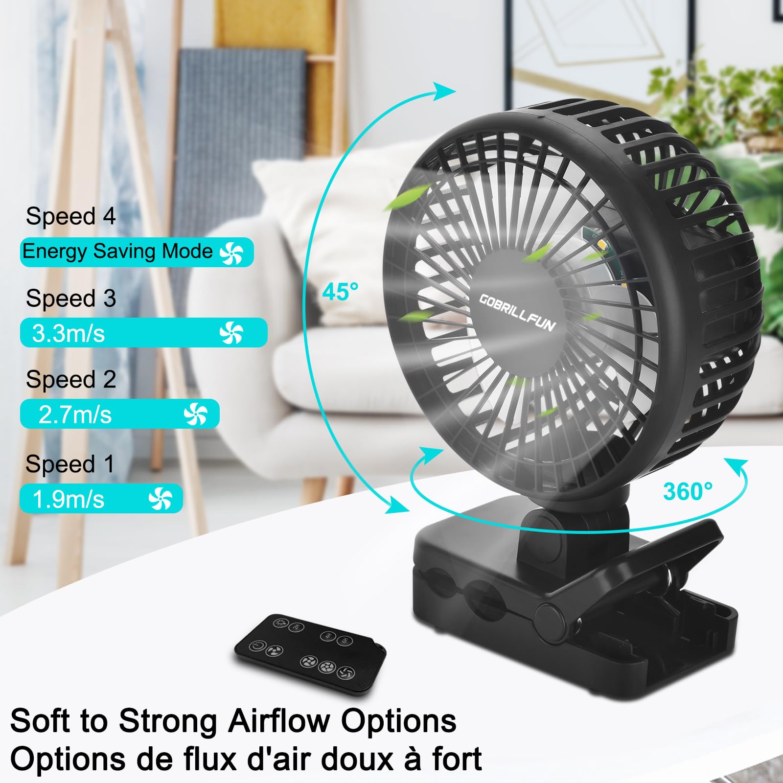 GOBRILLFUN Ventilatore portatile a clip con telecomando, ricaricabile, con funzione power bank, luce LED, timer, adatto per passeggini, golf cart, uffici, campeggio e viaggi (5 pollici)