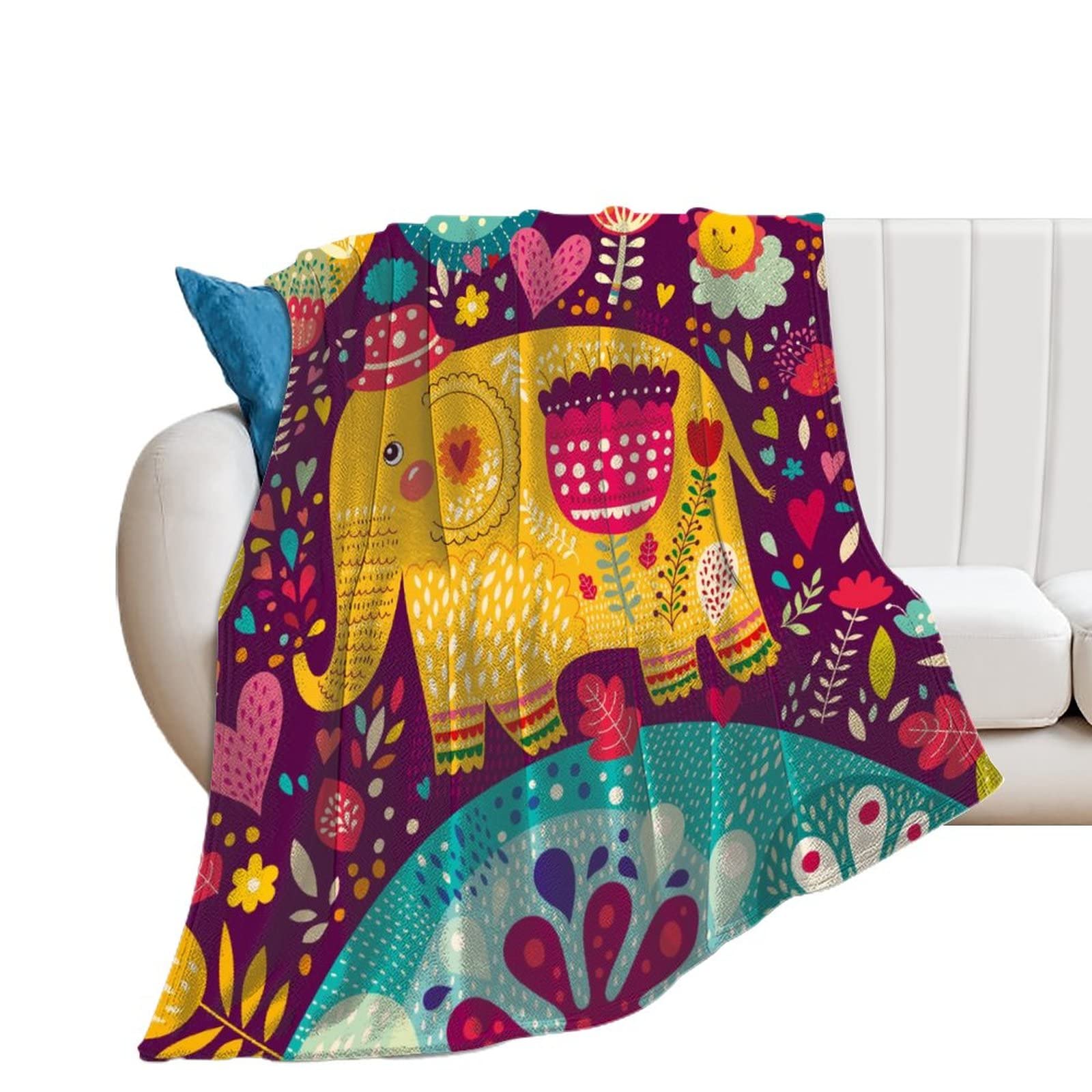 Couverture polaire éléphant floral 130x150 cm pour canapé en flanelle