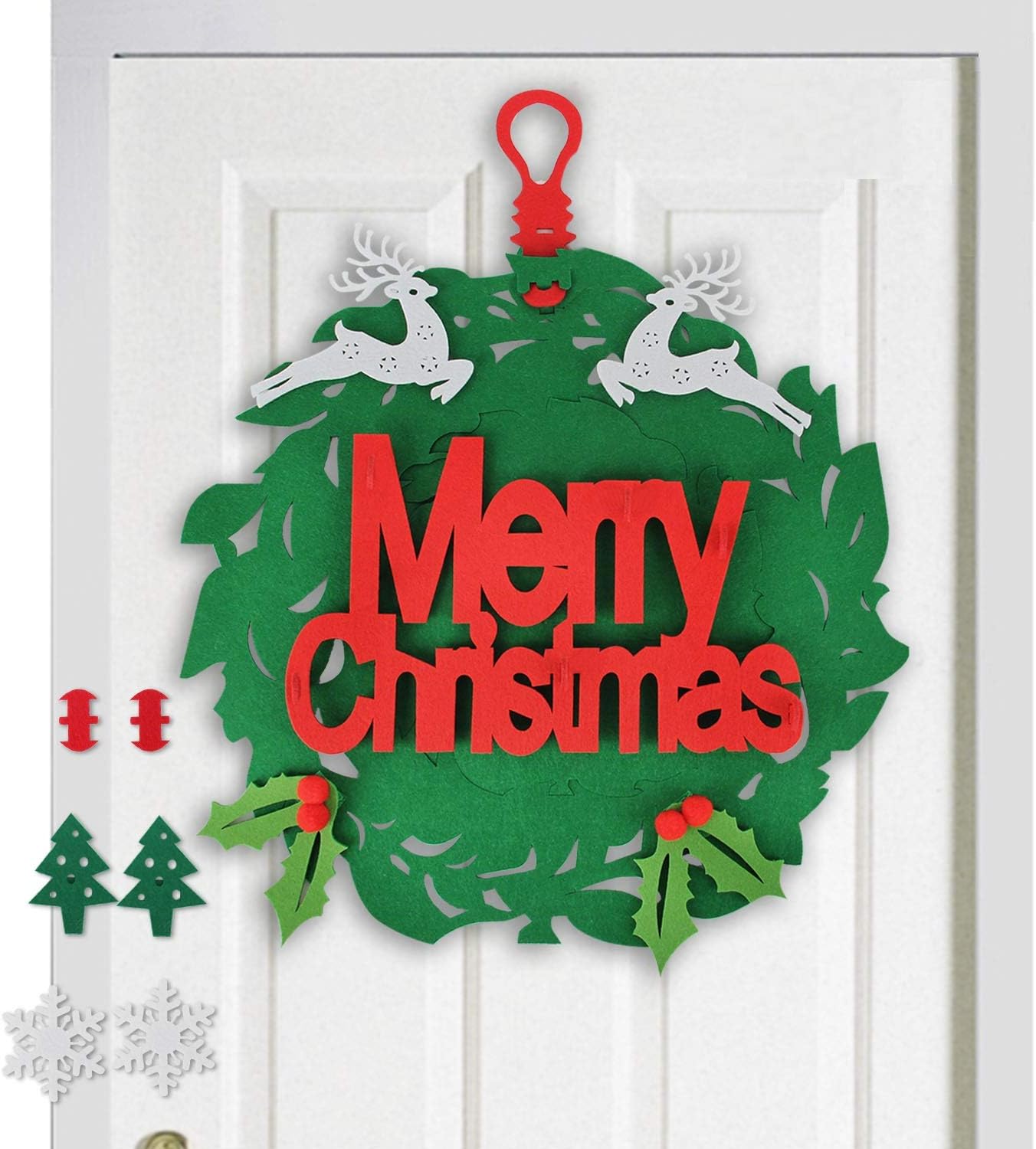 C Appok Felt Christmas Wreath for Front Door - Xmas Wreaths Window Decal Wall Hanging Decoration with 8pcs Ornaments - 16Inch Merry Christmas Hanging for Holiday Party, Home Decor