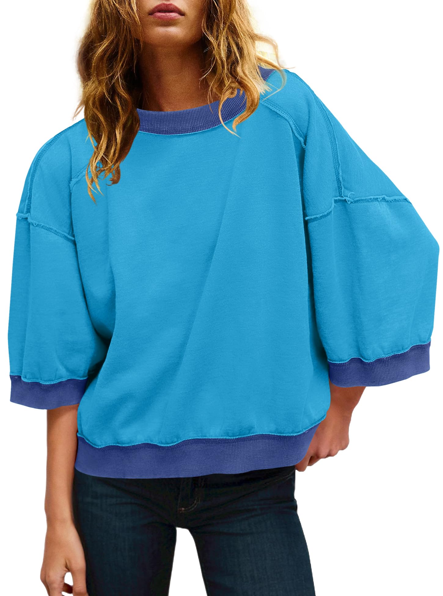 Panadila Womens Oversized Short Sleeve Sweatshirt Crewneck 3/4 Sleeve Tops Summer Cute Color Block Pullover Sweatshirt