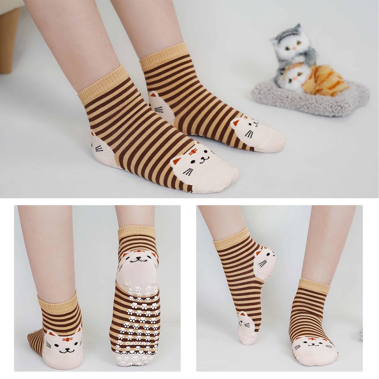 ZFSOCK Calzini Antiscivolo Donna Fantasia: Calze Non Scivolare con Grip Divertenti Colorate Gatto Animali Motivo per Fitness Sport Ospedale 5 Paia Taglia EU 35-42