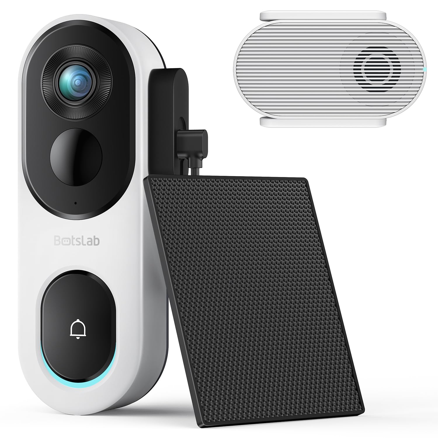 BOTSLAB Timbre inalámbrico Exterior Impermeable 2K con Panel Solar | Timbre de vídeo de alimentación continua con vista, cabezal y pies 1:1, audio bidireccional, detección humana, WiFi 2,4 GHz