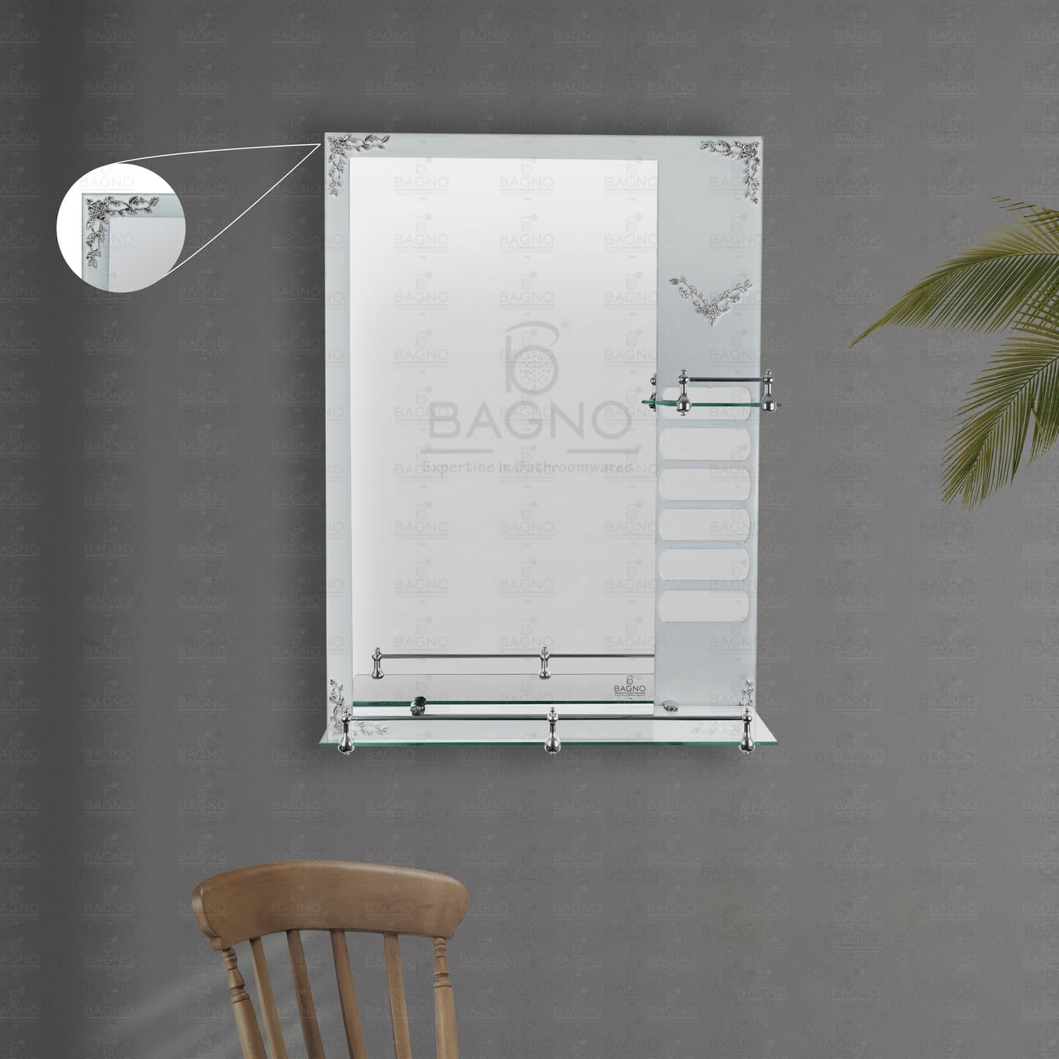 B BAGNO Silver Shelf Mirror, Silver Gold Mirror, premium Quality 70 * 50cm (SILVER)