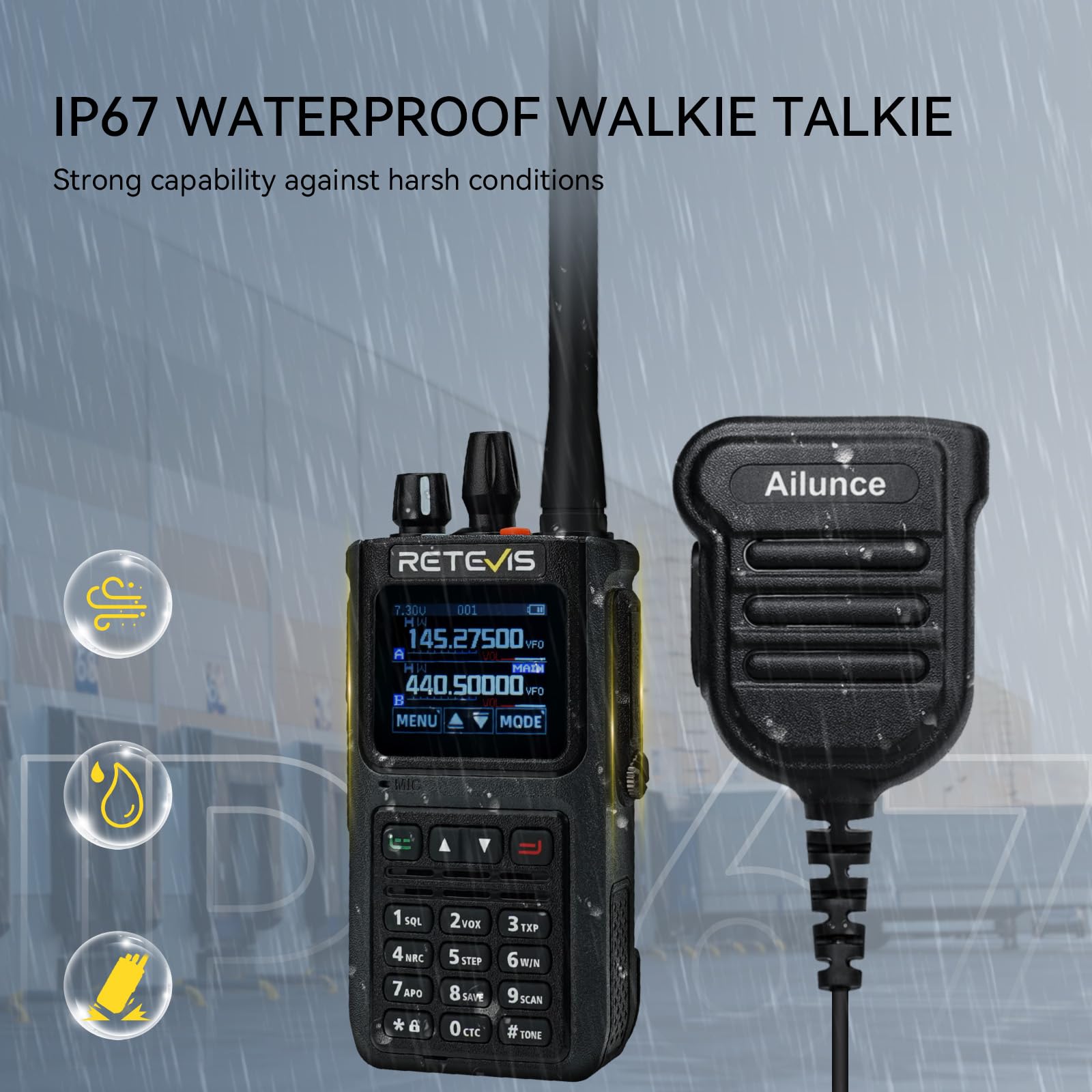 Retevis C1 Walkie Talkie Profesjonalne, Wodoodporne Krótkofalówki Dalekiego Zasięgu z Mikrofonem, Dual Band, Alarm Awaryjny, VOX, Akumulator Walkie Talkie 1800 mAh dla Logistyki (Czarny, 2 Szt)