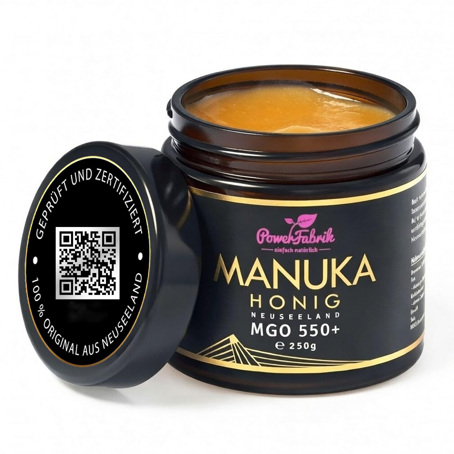 Manuka Honig | MGO 550+ | 250g | Das ORIGINAL aus NEUSEELAND | IM GLAS | PUR, ROH & ZERTIFIZIERT | Premium Qualität 100% natürlich | PowerFabrik