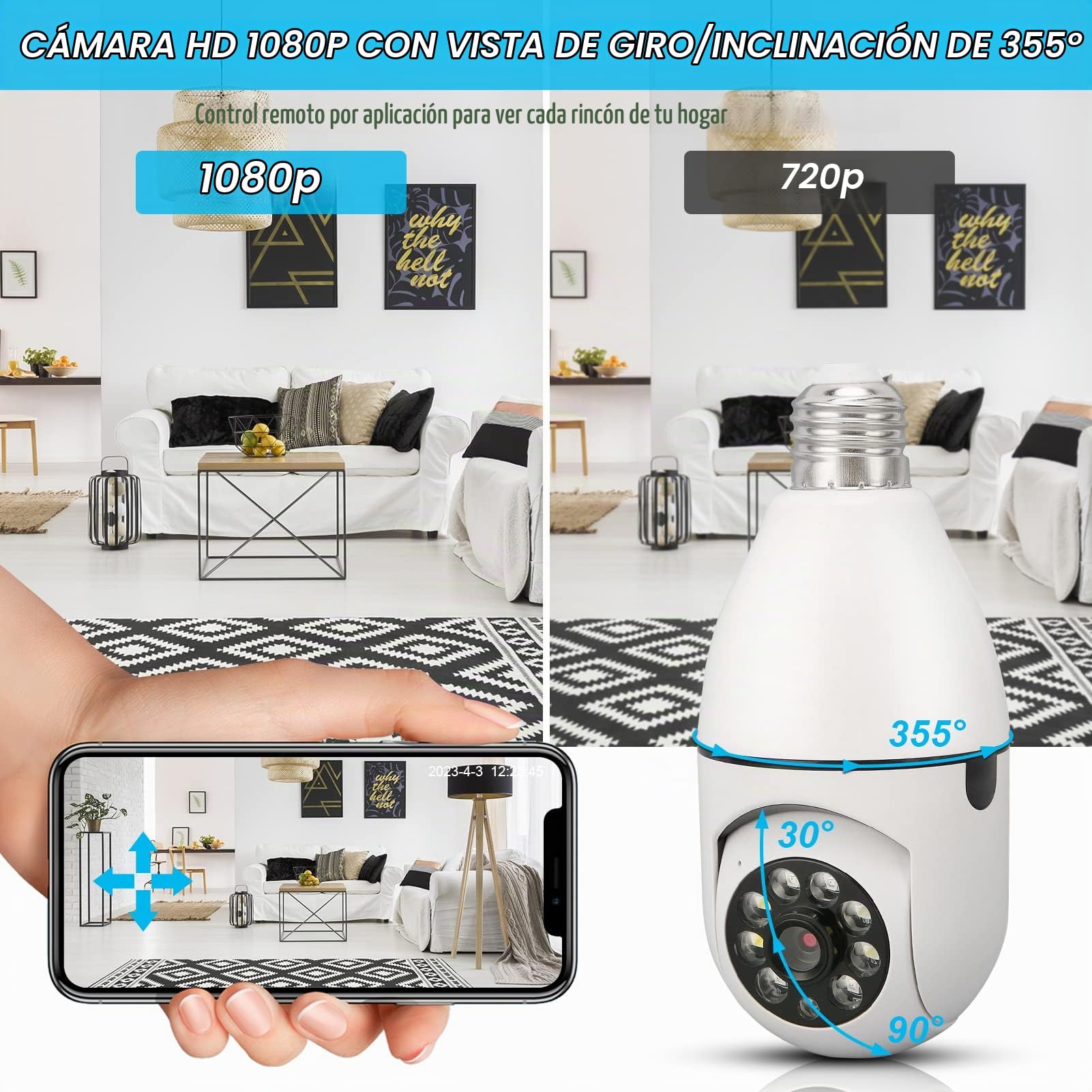 Cámara de seguridad con bombilla, cámaras de seguridad de 360 ​​grados inalámbricas para exteriores, cámara de vigilancia con bombilla de visión nocturna HD panorámica inalámbrica 1080P para el hogar