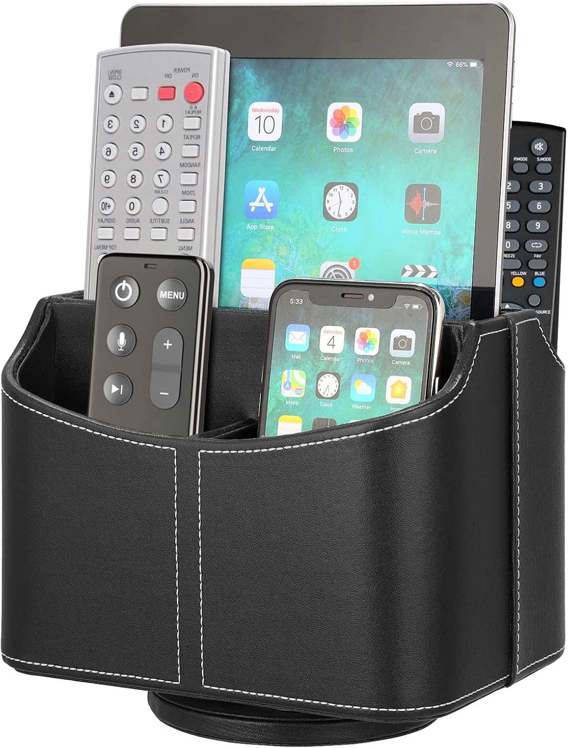 Widousy Rotating Remote Control Holder with 5 Compartments,Multifunctional PU Leather Spinning