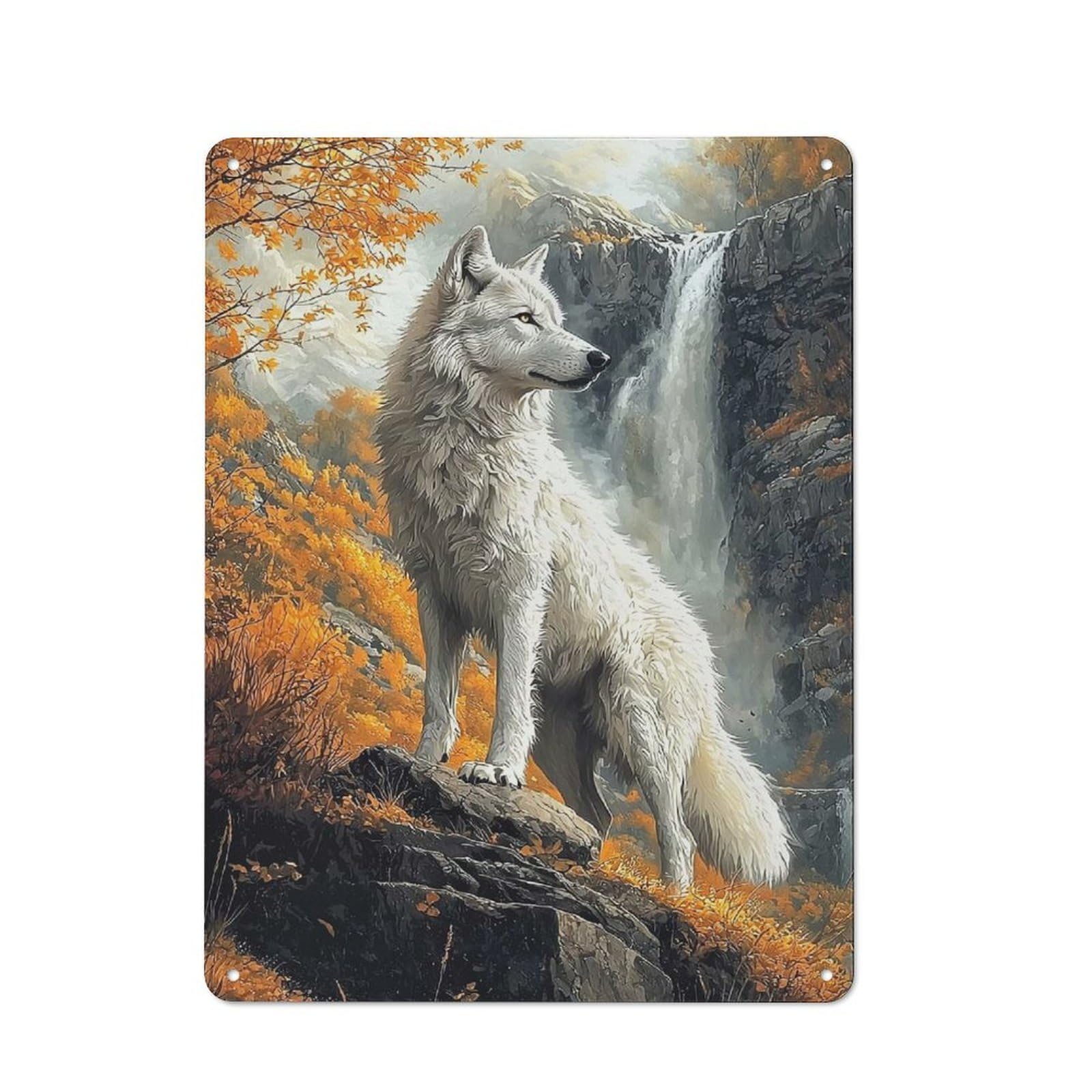Junmoney Style-17 Farmhouse Rustic Metal Sign 40X30cm Featuring White Wolf By Waterfall, Farmhouse Wall Decor For Dining Room, Cafe, Entryway Or Family Room
