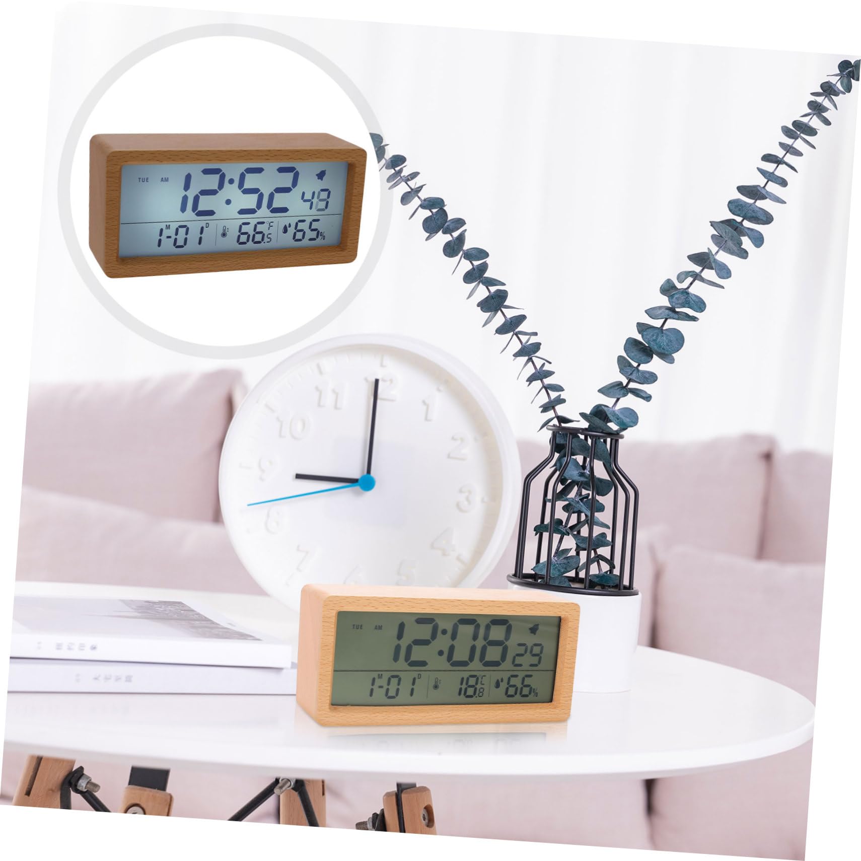 Amosfun 2 Juegos Reloj Despertador Digital Multifuncional de Madera con Pantalla Grande y Sensor de Temperatura para Mesita de Noche No Incluye Batería