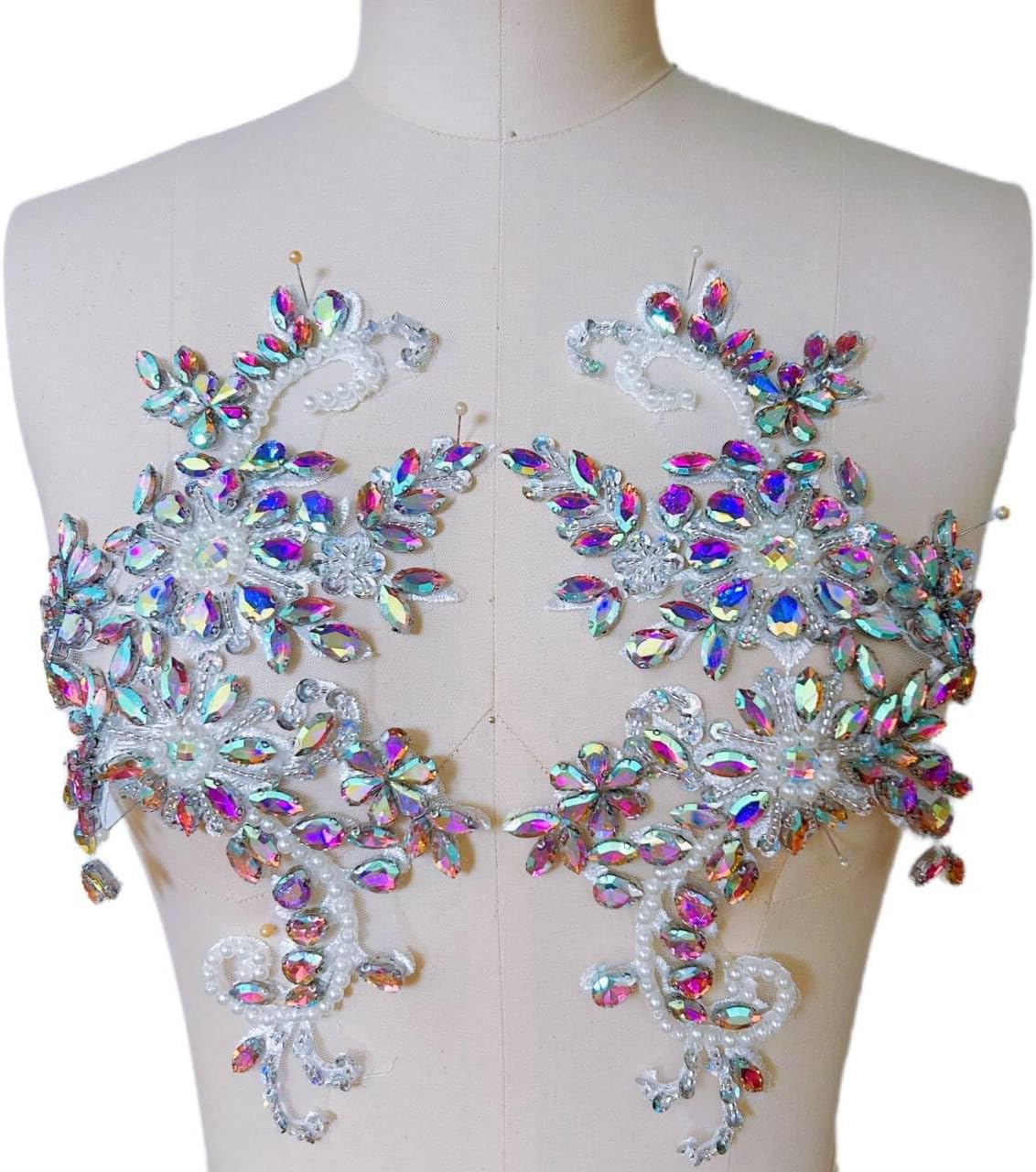 Sewing Costumes Lace Patches and Appliques Designer DIY Bodice Chest Decoration Ornament with Glass Acrylic Crystals Rhinestones for Sew on Wedding Dress Elegant Clothing Prom (Golden)