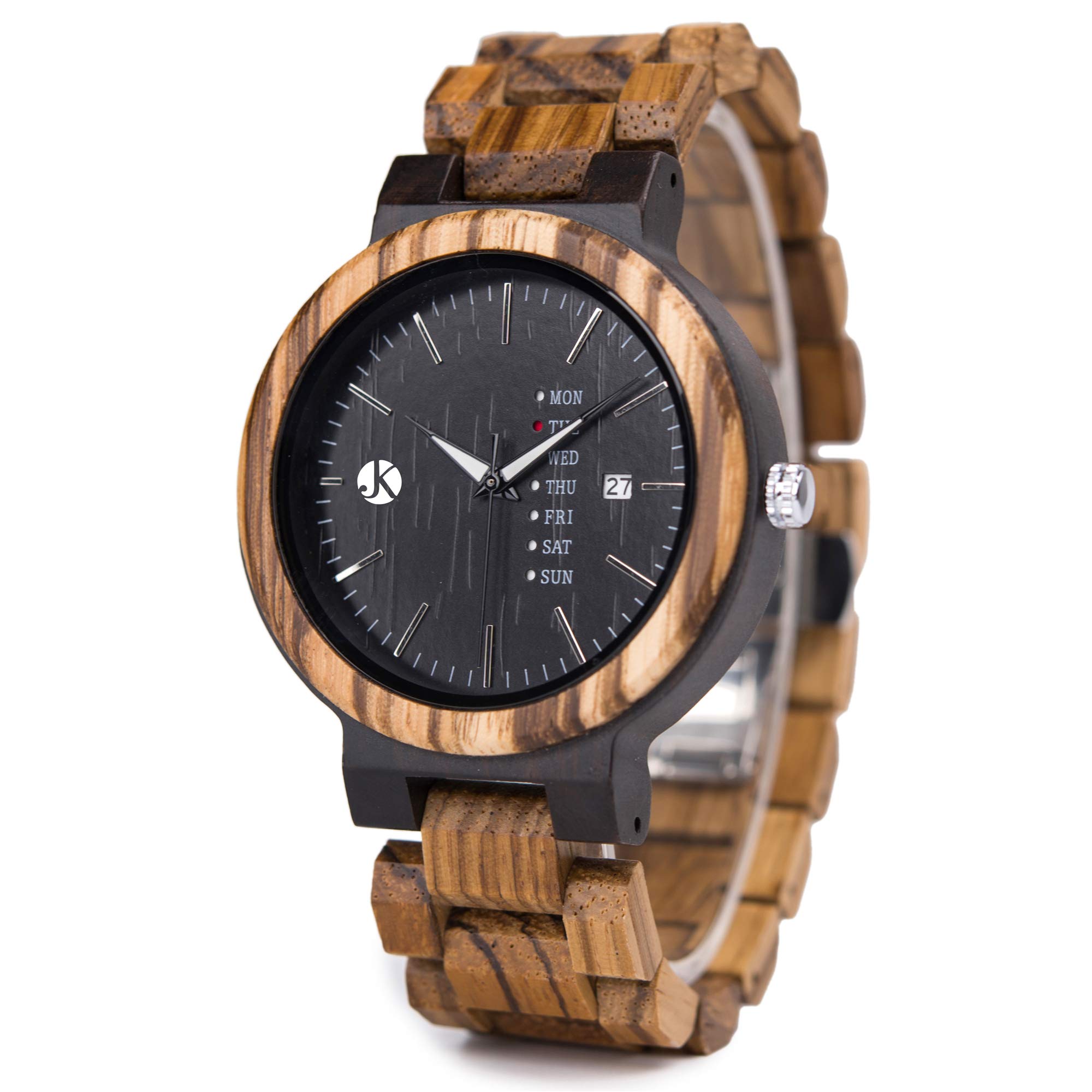 Kim Johanson Herren Holz-Edelstahl Armbanduhr *Dark Week* mit Datum- & Tagesanzeige Handgefertigt Quarz Analog Uhr inkl. Geschenkbox