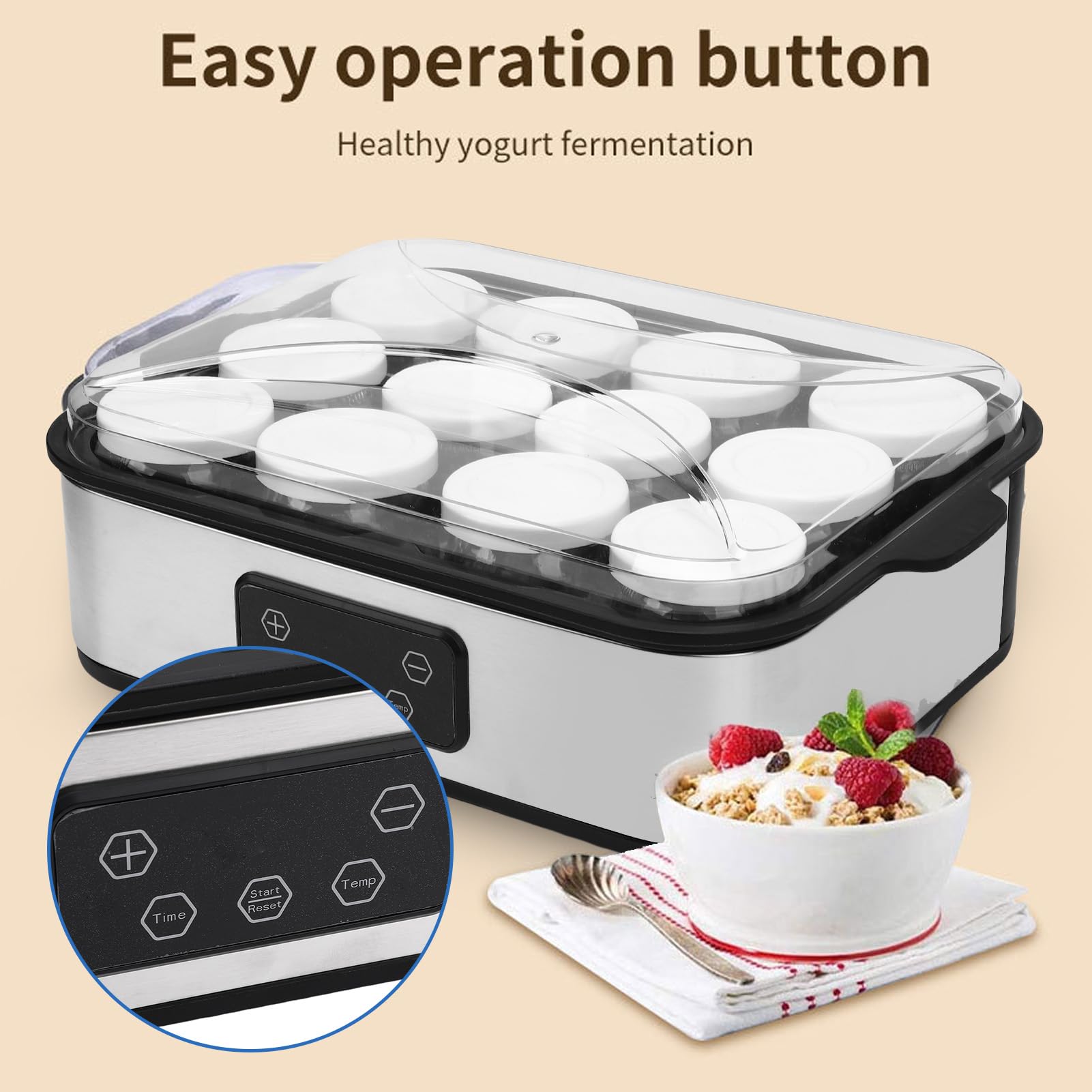 Yaourtière Électrique 12 Pots avec Minuterie 0-48h Température Réglable Yaourt Fait Maison pour Famille, Petit Déjeuner Sain, Collation Enfant, Régime Alimentaire